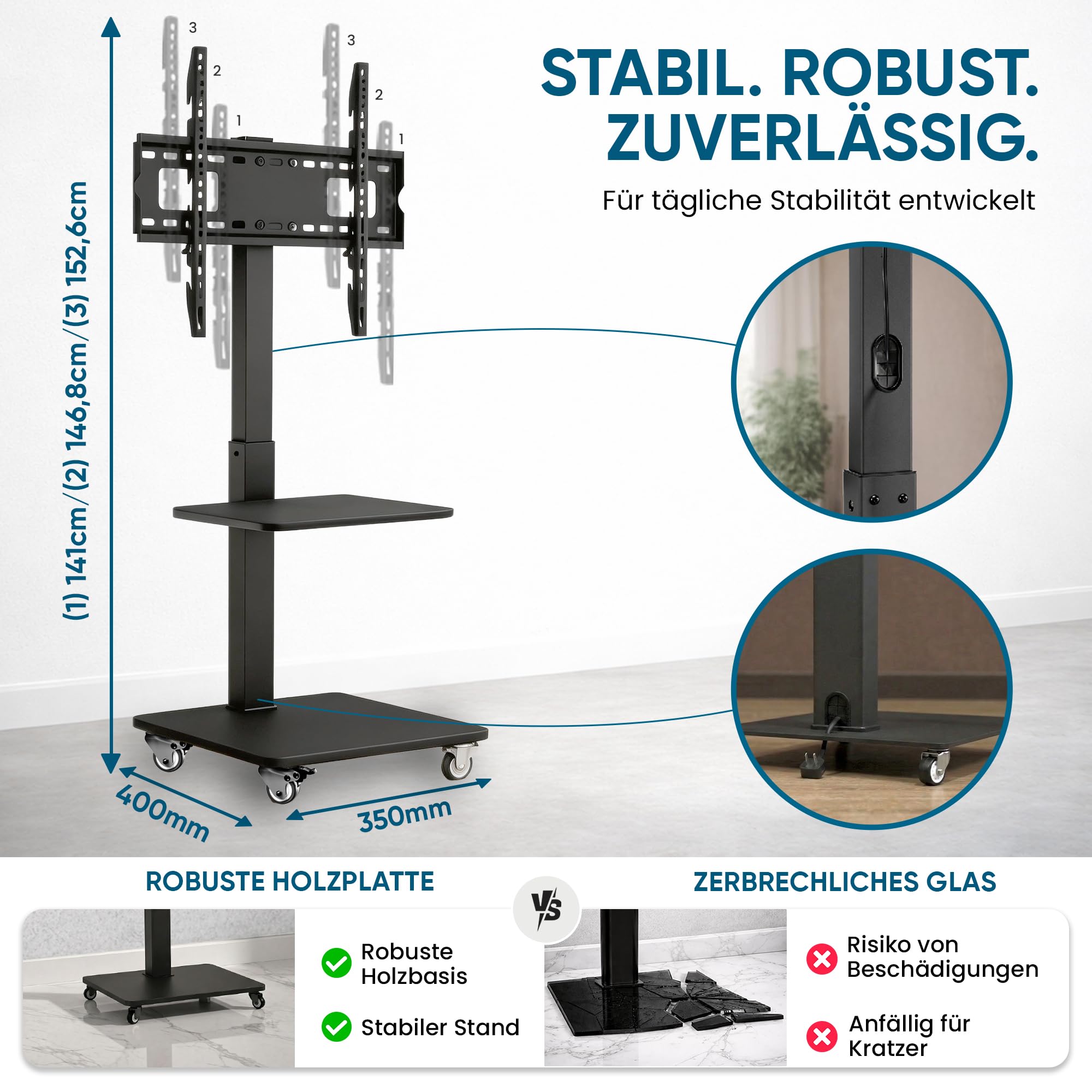 Xantron® TV Ständer Rollbar Höhenverstellbar für TVs bis 75 Zoll [mit Ablagefläche] Fernsehständer mit Rollen/Fernseher Bodenständer/Fernseher Halterung stehend/TV Rollwagen