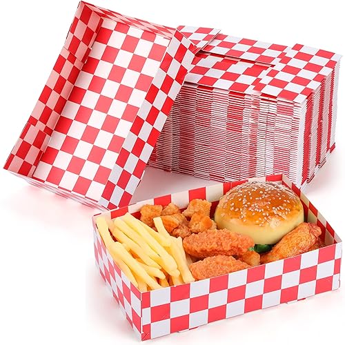 Norme Bandeja de cartón rojo a cuadros de 8.6 x 5.5 x 2.3 pulgadas, bandeja de papel desplegable de 4 esquinas para servir aperitivos, caja de