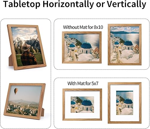 Miniatura 2 de Portarretratos de 8 x 10 pulgadas con paspartú para fotos de 5 x 7 pulgadas, madera maciza de roble de 8 x 10 pulgadas con vidrio templado, marco de