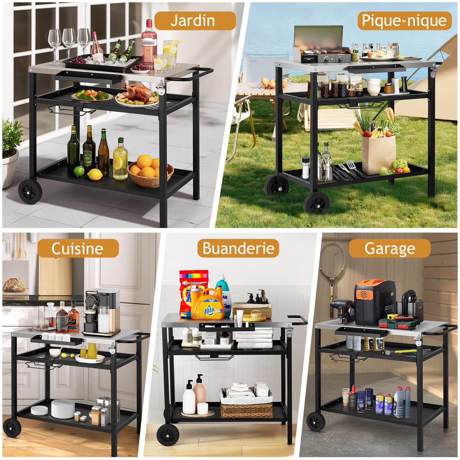 LEADZM Dessertes de Jardin, Chariot de Barbecue Mobile à 3 Niveaux, 97 x 51 x 83 cm, Établi en Acier Inoxydable argenté - desserte Exterieur, Panier avec Filet, Noir