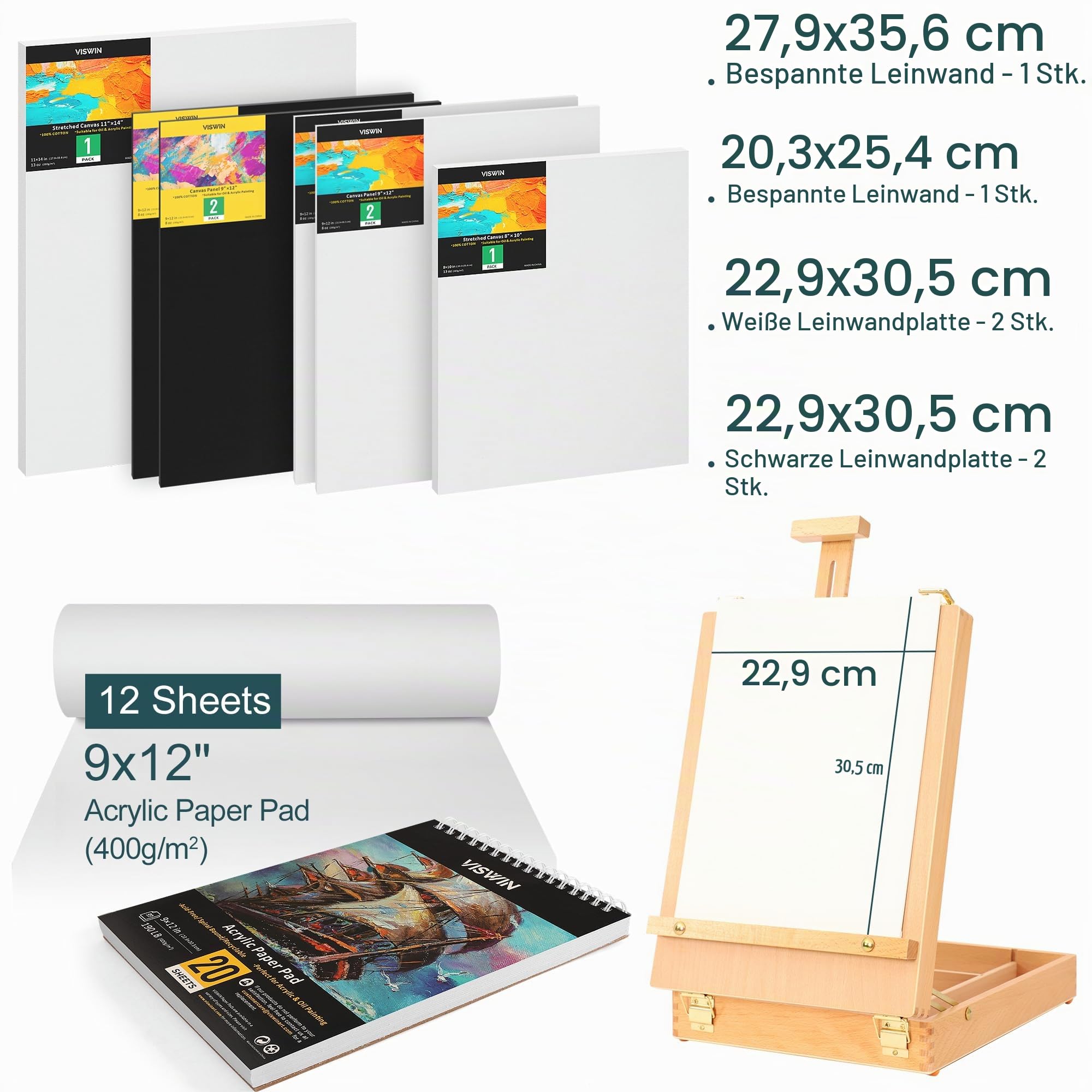 VISWIN 62-teiliges Acrylfarbe Set mit Staffeleikoffer, Malset mit 24 Acrylfarben, Leinwände, Pinsel & Block, Mal Set für Erwachsene, Kinder, Anfänger