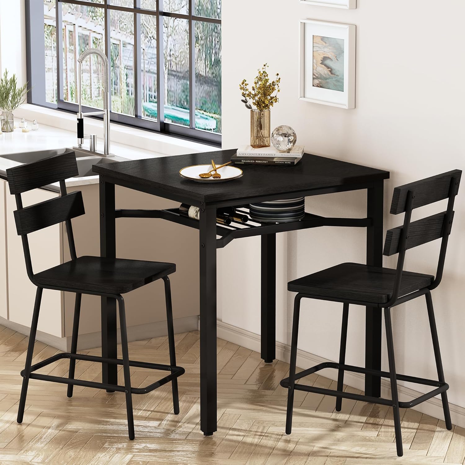 Hooseng 3 Piece Bar Table and Chairs Set, Counter Height Small Dining Table with 2 Bar Stools, Farmhouse Square Kitchen Table with Storage for Bistro, Pub, Small Space