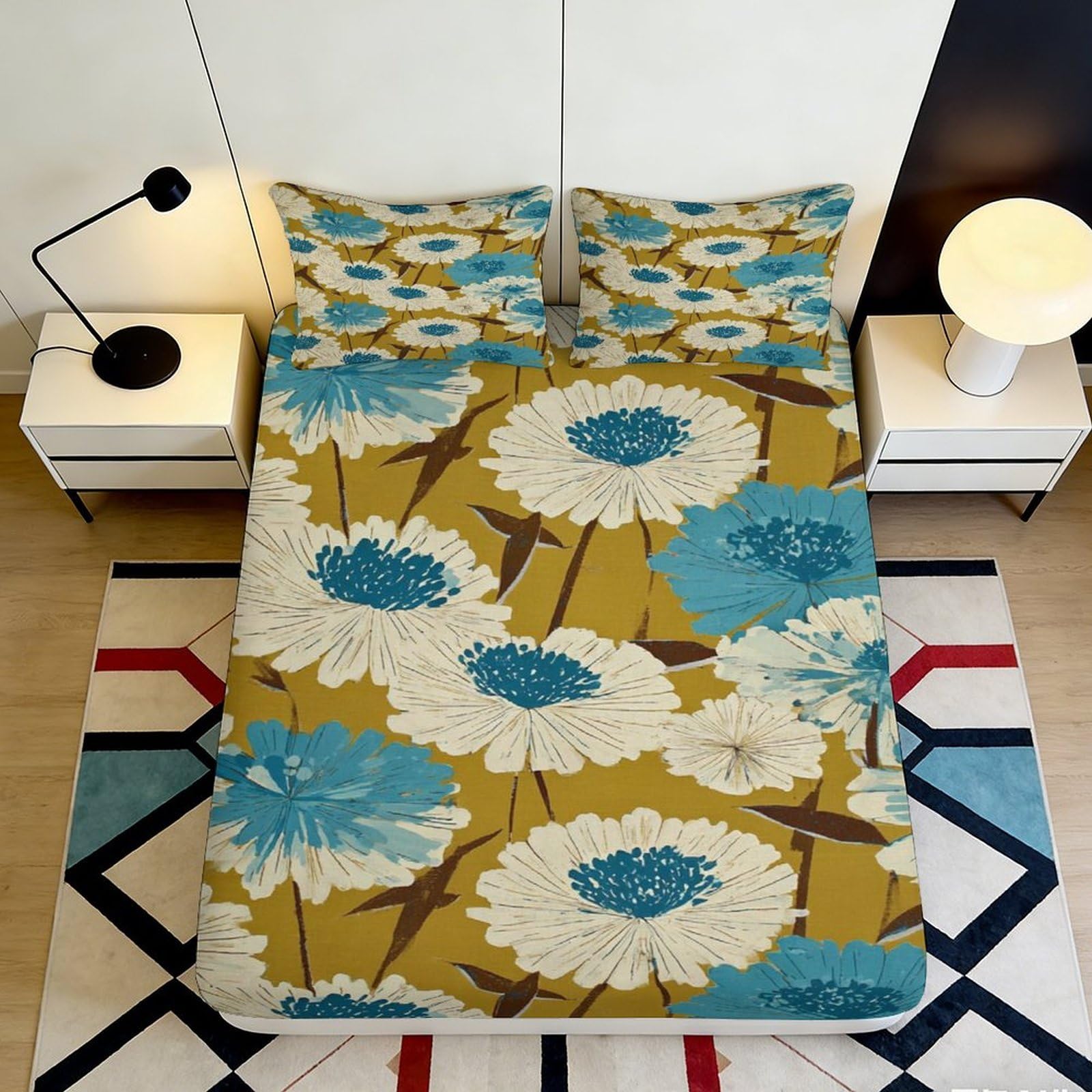 3D Printed Yellow Daisy Fitted Sheet Microfiber Soft Blue Floral Mattress Cover for Bedroom Dorm Apartment Decor 140x200x25cm