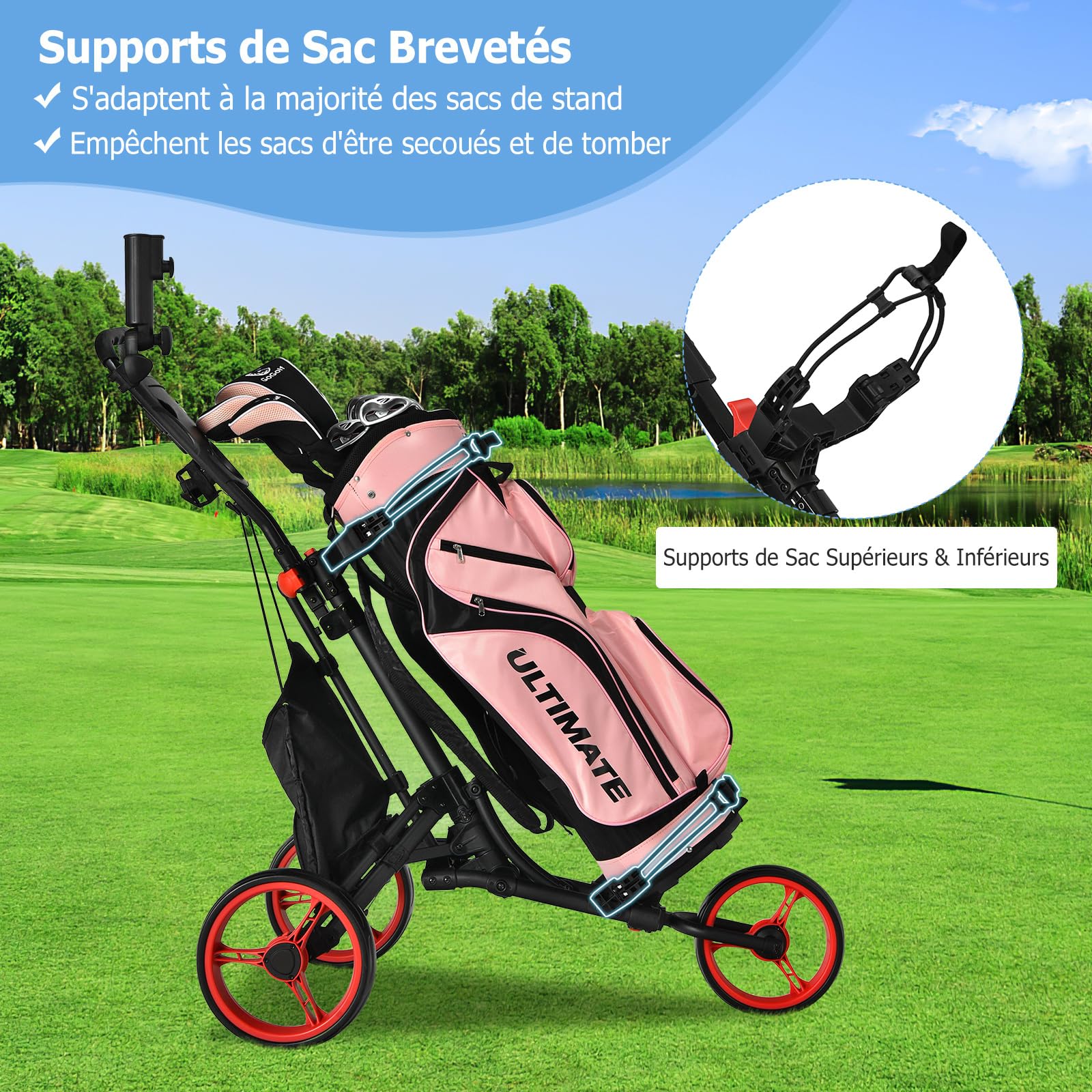 COSTWAY Chariot de Golf Pliable à 3 Roues Sangle Elastique, Porte-Parasol Réglable et Porte-gobelet Sac de Rangement Recouvert d'Aluminium pour Clubs de Golf Rouge/Vert/Bleu/Gris