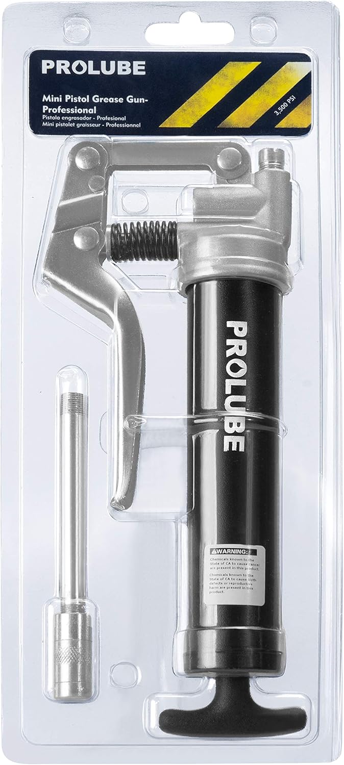PROLUBE Mini Pistol Grip Grease Gun | 3-Ounce Capacity | 3,500 PSI | 4-inch Steel Extension & Coupler | Powder Coated Finish | 1/8” NPT Threads (43252)