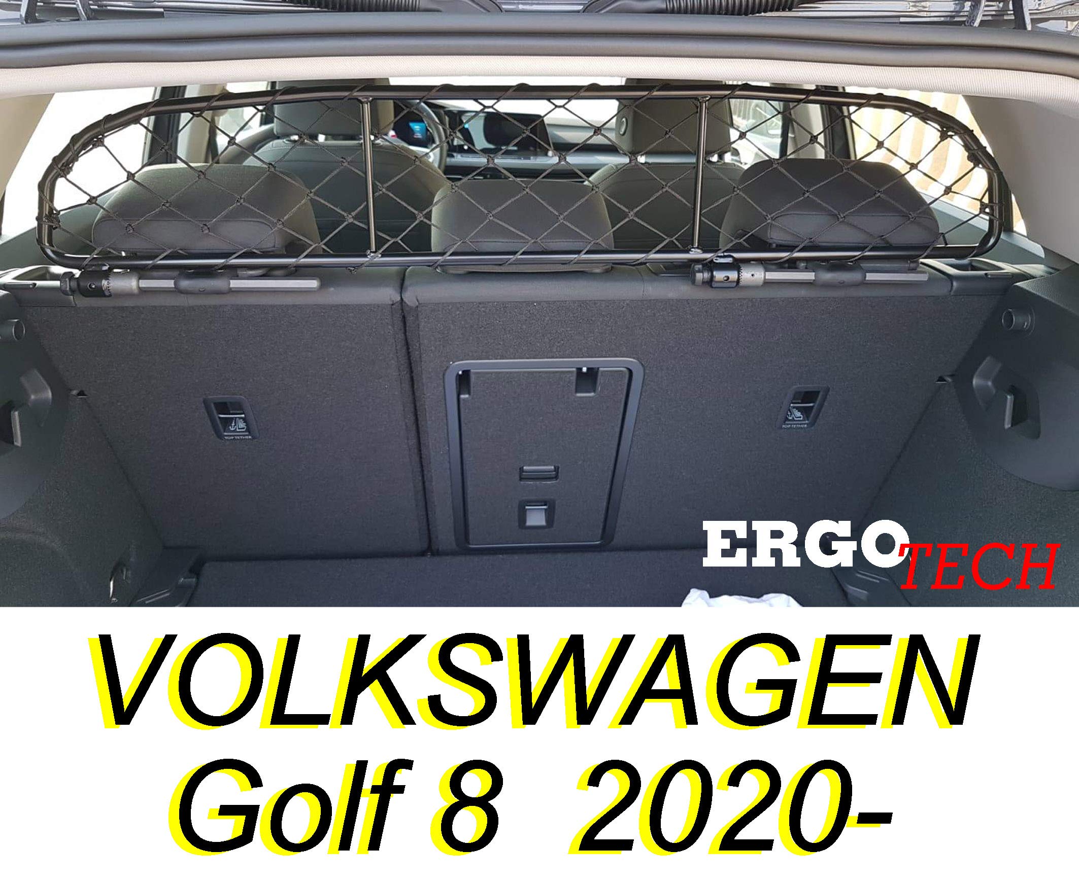 ERGOTECH Divisorio Griglia Rete Divisoria per Volkswagen Golf 8, RDA65-HXXS8, per Trasporto Cani e Bagagli