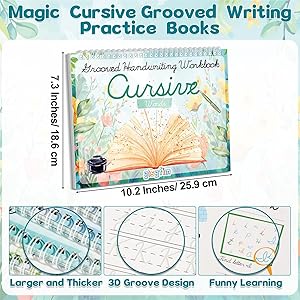 gisgfim 4 Pack Grooved Cursive Handwriting Workbook Kit Magic Reusable Grooved Handwriting Practice with Disappearing Ink Pens Cursive Kickoff Student Workbook for Kids Words Letters Sentences Reading