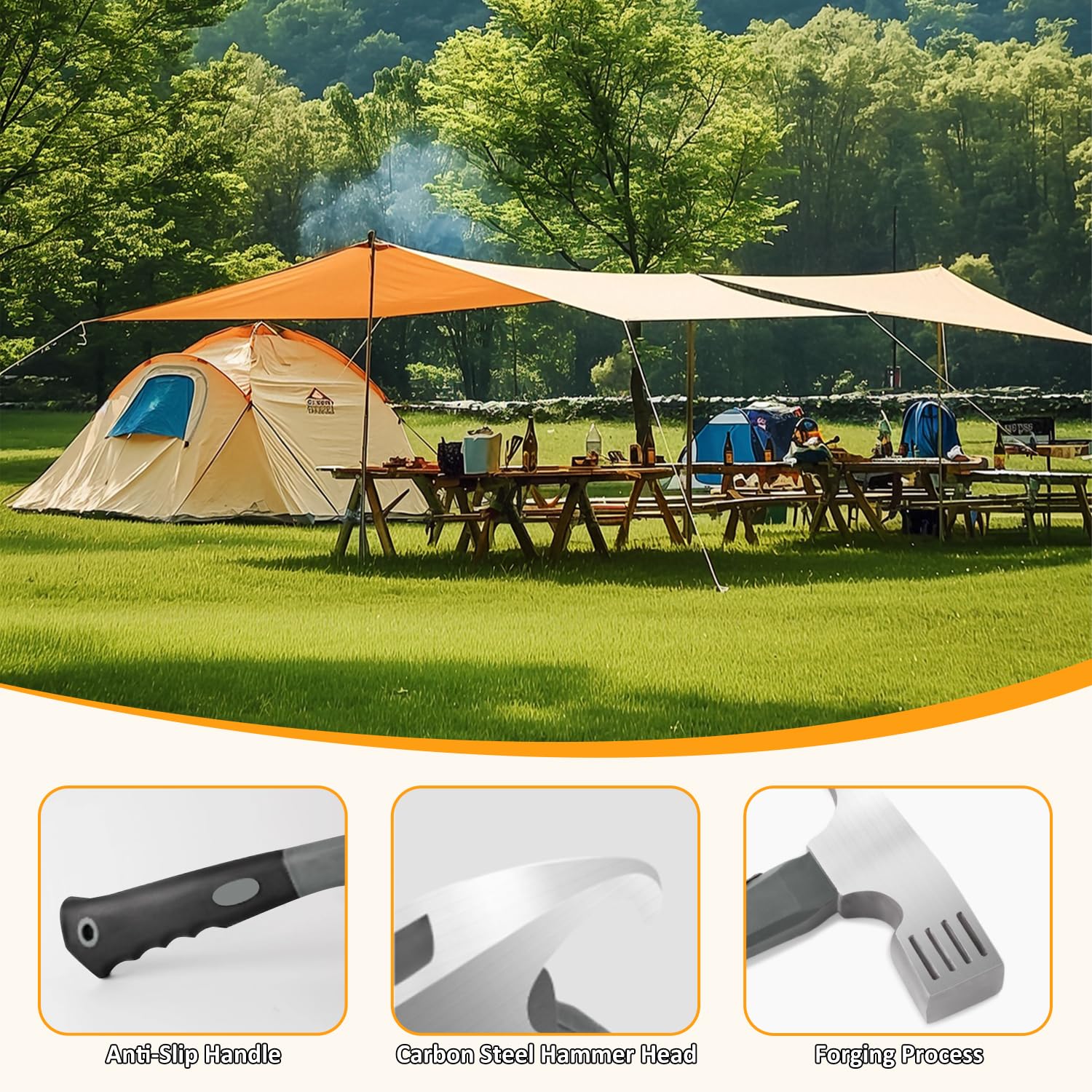 Marteau de Camping, 30 x 11 cm Maillet de Tente en Acier au Carbone avec Crochet, Marteau de Camping en Plein Air, Marteaus de Piquet de Tente Pegs Stake Nail Extracteur Remover pour Extérieur