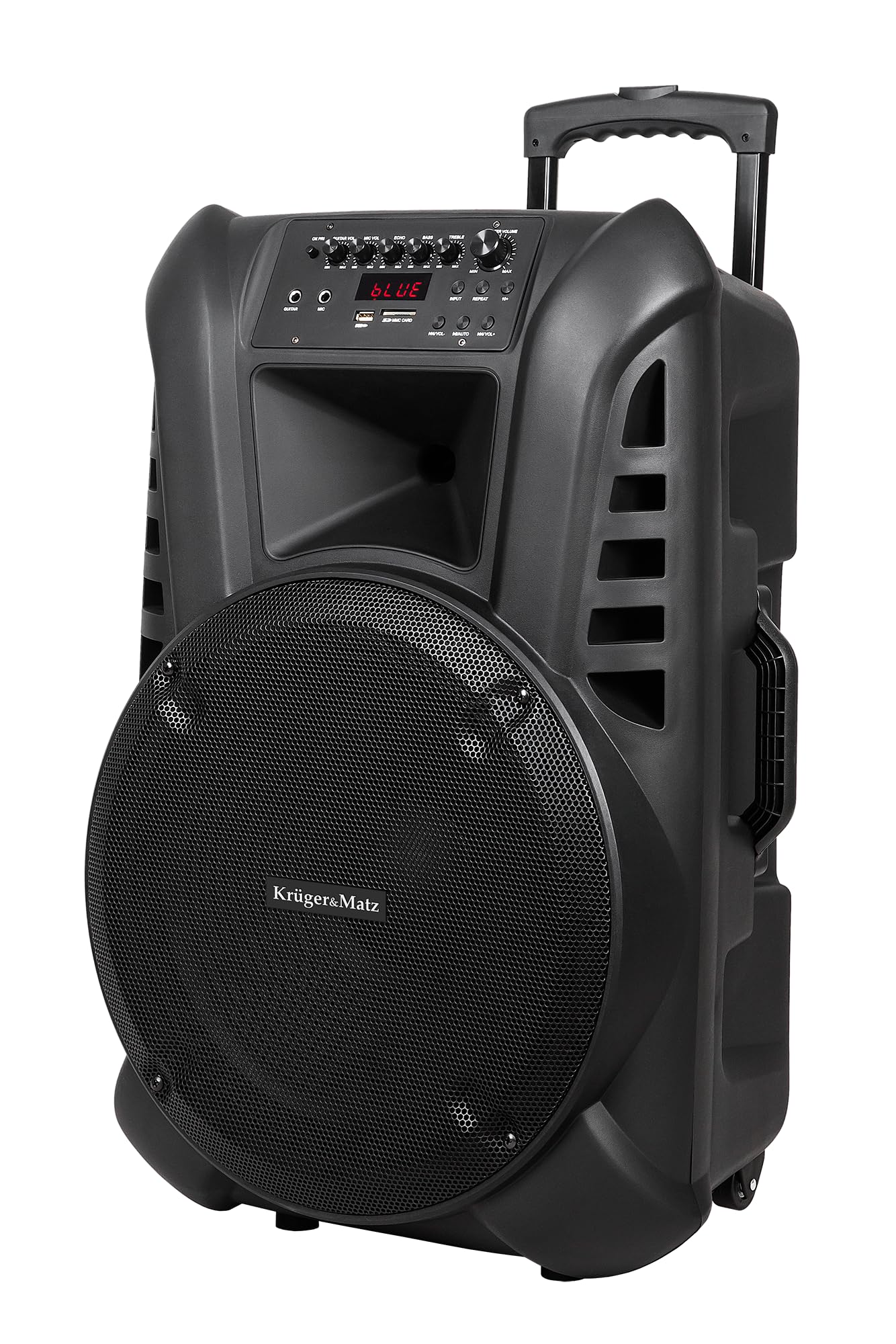 Aktywna kolumna głośnikowa Kruger&Matz KM1715 60 W z 2 mikrofonami bezprzewodowymi UHF, SD, Bluetooth, FM, USB, pilot bezprzewodowy, czarna