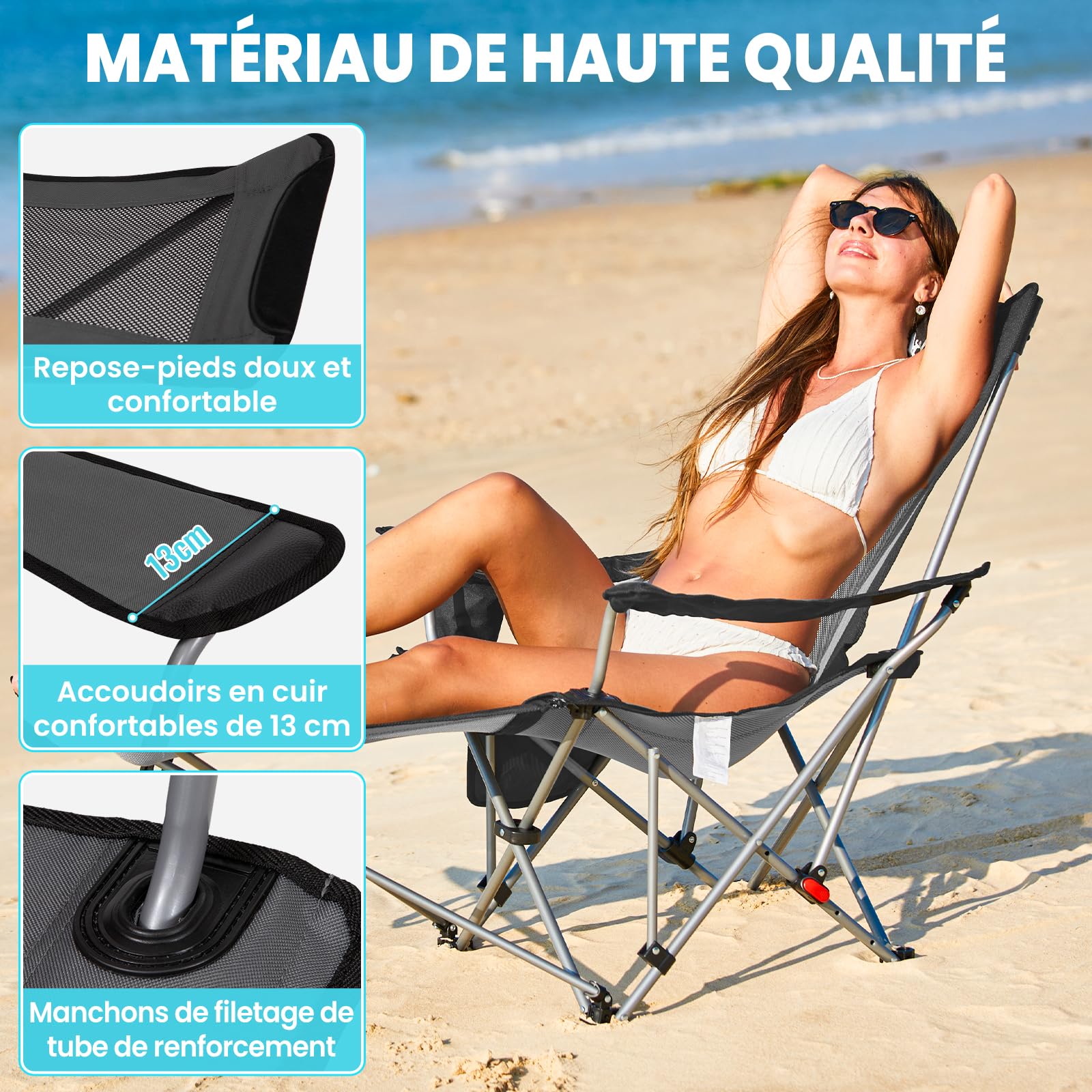 #WEJOY chaise de camping 2 en 1 pliable 180 kg avec repose-pieds, dossier réglable en 4 positions, fauteuil de relaxation, extérieur, gris/noir