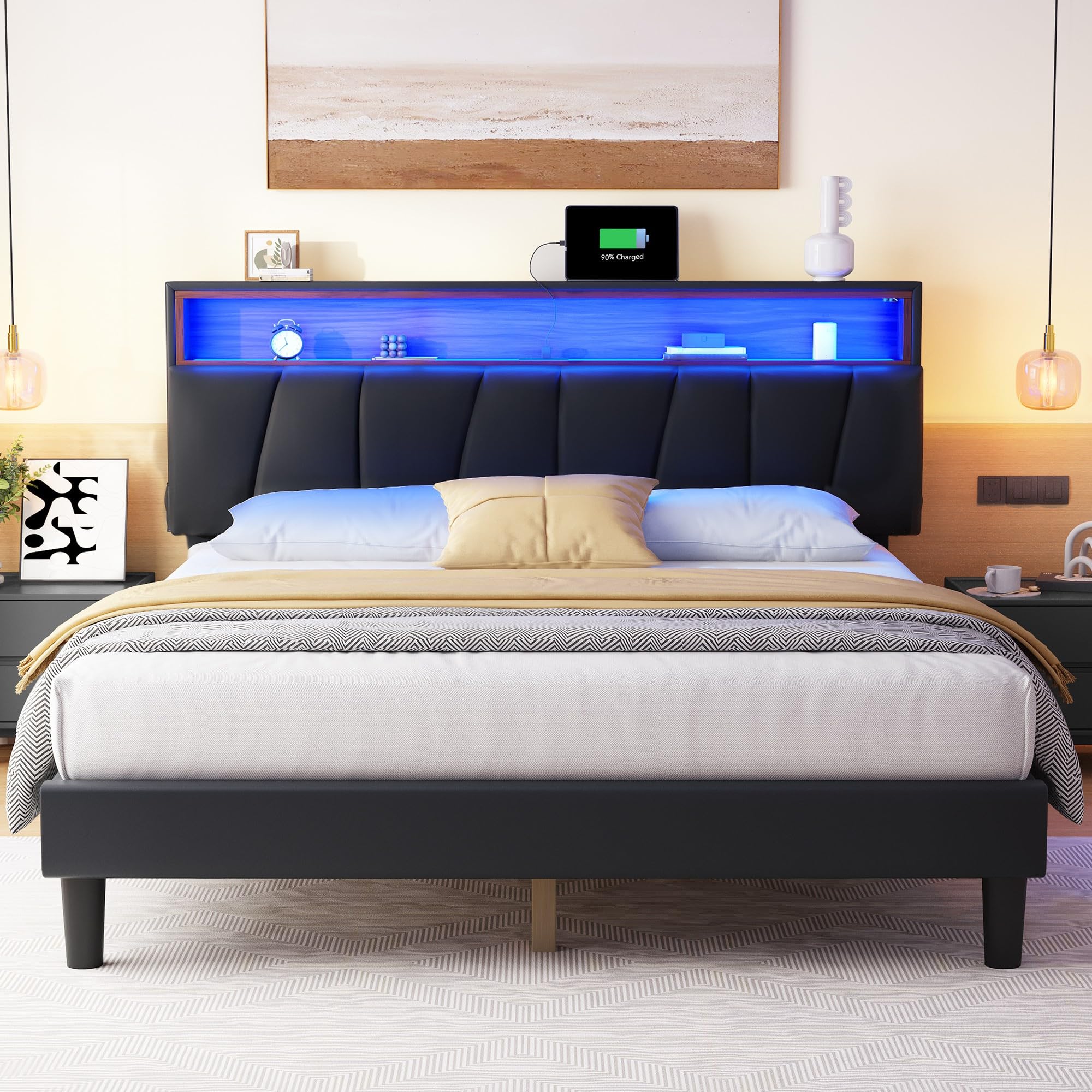 (INCOMPLETE)(NOT THE SAME ITEM) YITAHOME Queen Size Bed Frame, LED Bed Frame with Storage Black