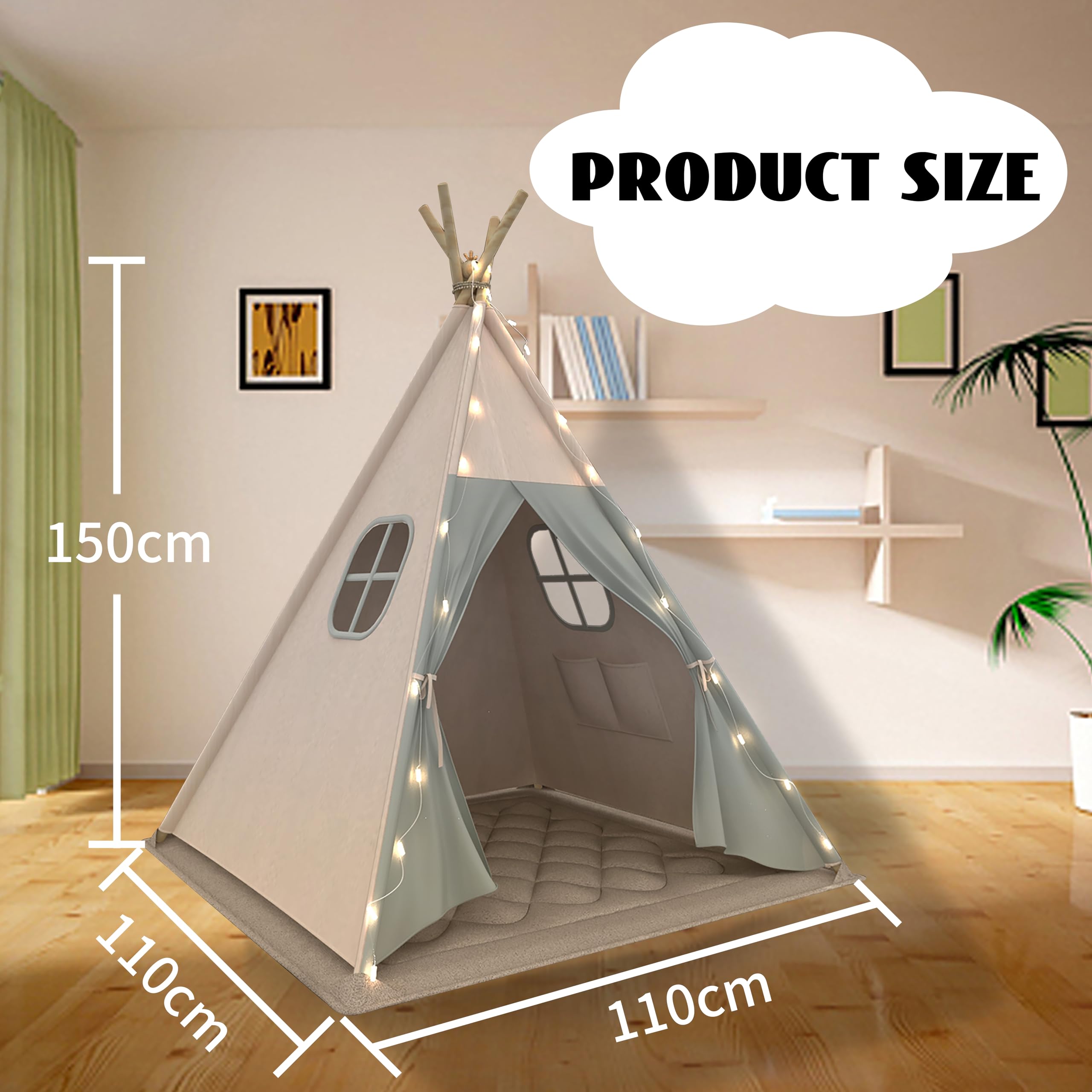 Tipi Zelt für Kinder, Waschbar Kinderzelt mit Gepolsterter Decke, Lichterkette, Tragetasche, Segeltuch Spielzelt für Mädchen & Jungen