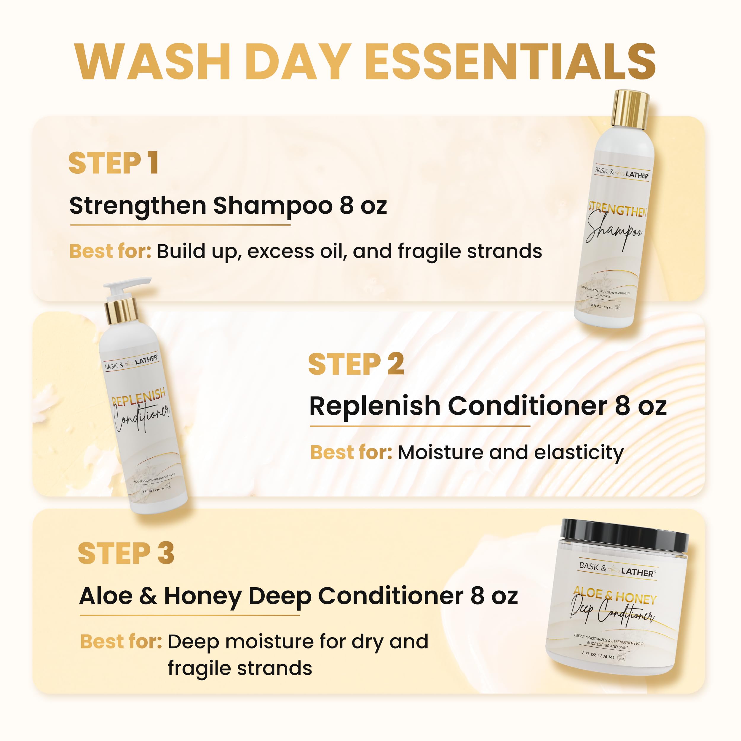 BASK & LATHER Condizionatore Reponitore – Idratazione Profonda, Formula Naturale Per Elasticità E Districazione, Senza Silicone, Senza Parabeni, Sicuro Per Capelli Tinti, 237 ML (8 Oz)