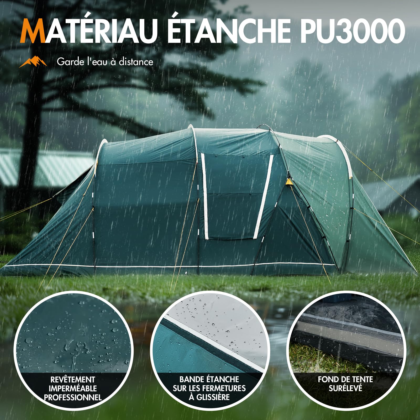 Portal tente tunnel étanche 3000 mm pour 6 personnes - 2 cabines de couchage - Haute - Auvent - Bac de sol - XXL