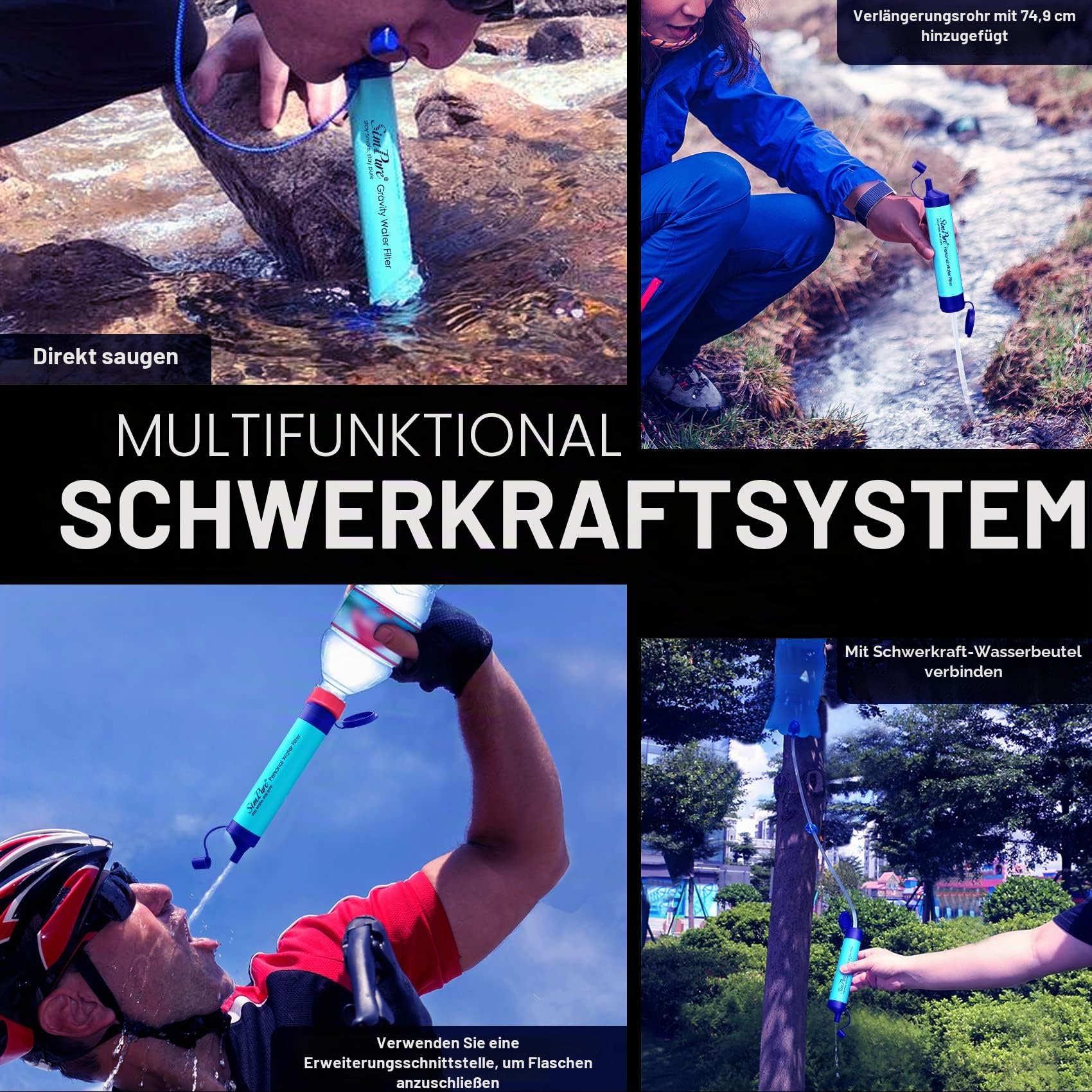 SimPure Gravity Wasserfilter Outdoor, 3L Tragbar Wasserbeutel Camping mit Trageriemen und Aufbewahrungstasche, Filtergenauigkeit bis zu 0,1 Mikron, Entfernt 99,9999% E.coli, Wandern, Reisen