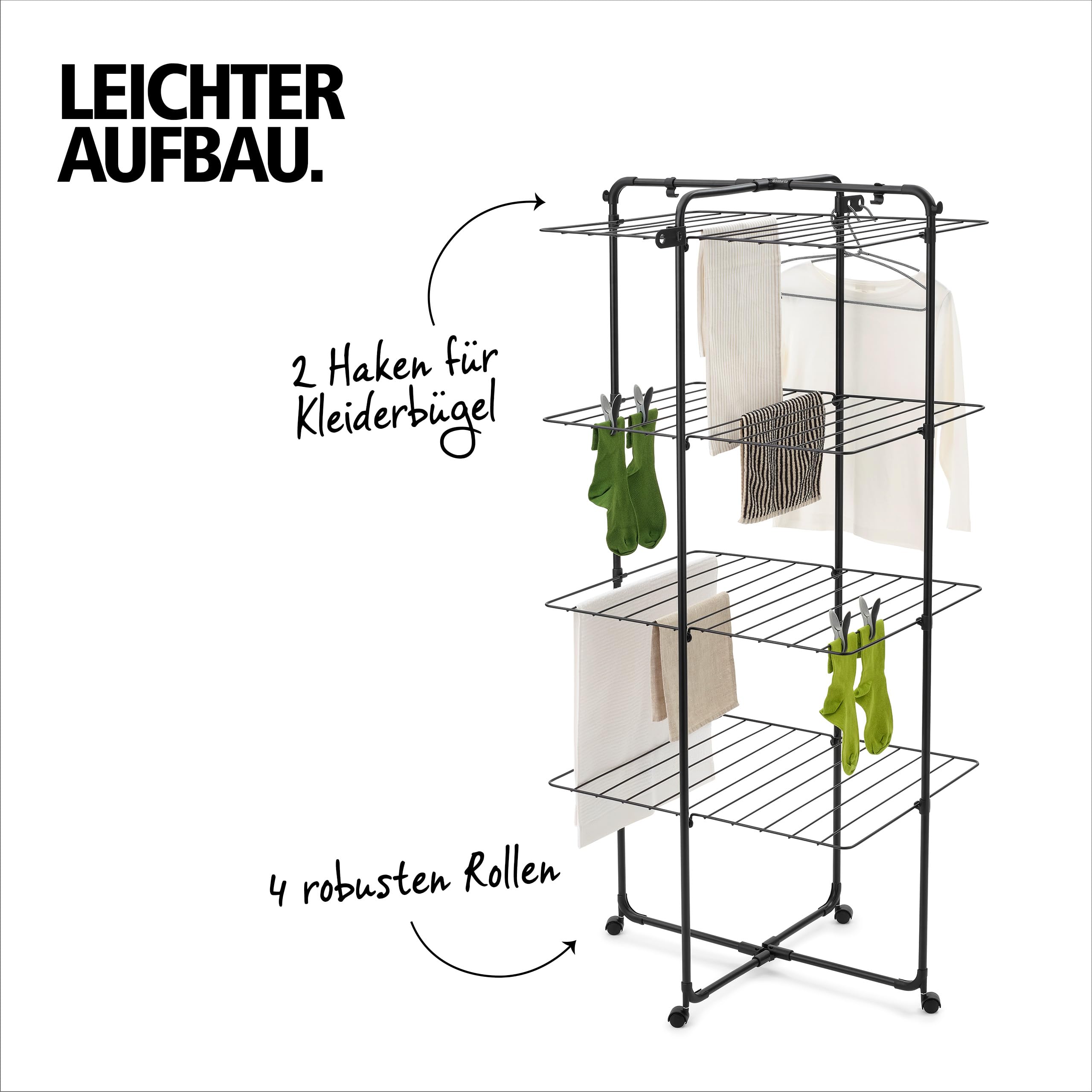 Brabantia HangOn Tower Drying Rack, 23 m (weiß), Turmwäscheständer klappbar, platzsparender Standtrockner mit Rollen und Aufhängehaken