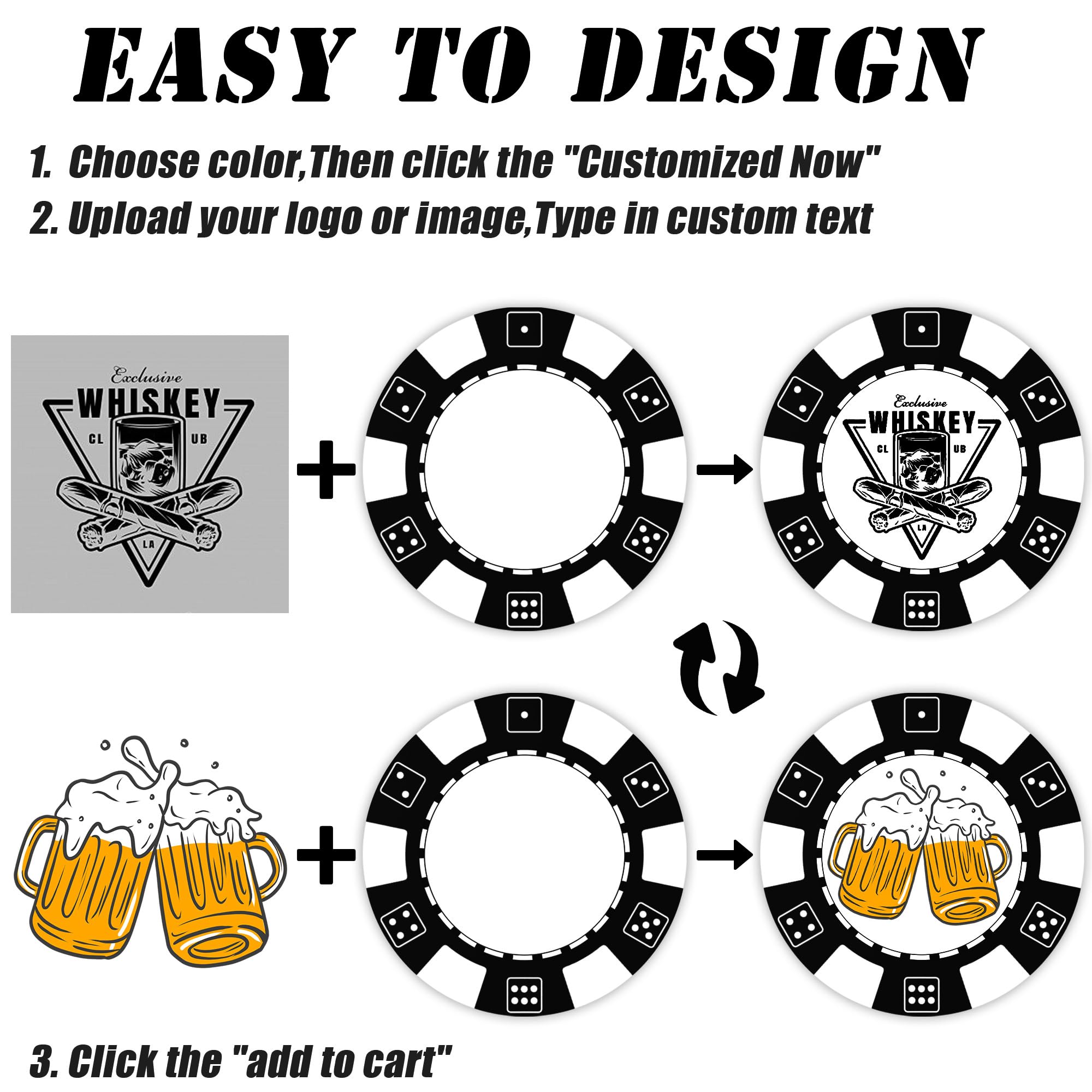 Lot de 100 jetons de poker personnalisés imprimés avec logo personnalisé, image ou texte, impression couleur double face pour bars, fêtes, jeux de poker, soirée casino