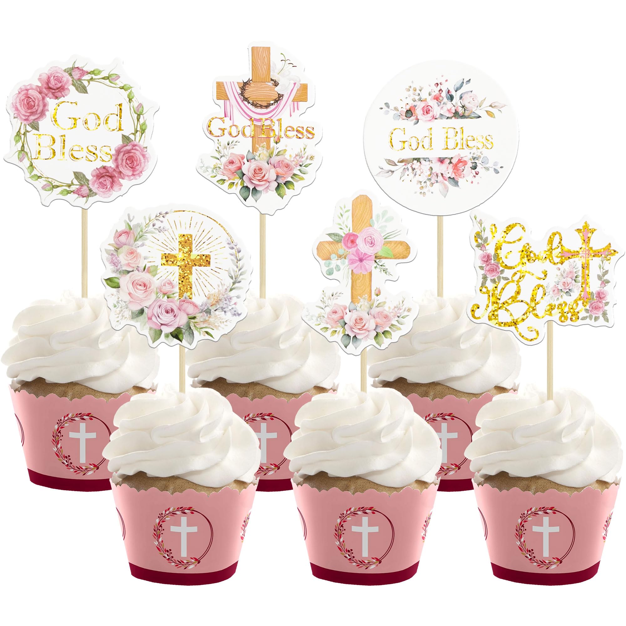 Gyufise 36Pcs God Bless Cupcake Toppers Cross Wreath Cupcake Picks for Christian Baptism Baby Shower Boys Girls First Communion Party Cake Decorations Supplies Pink โ image 1