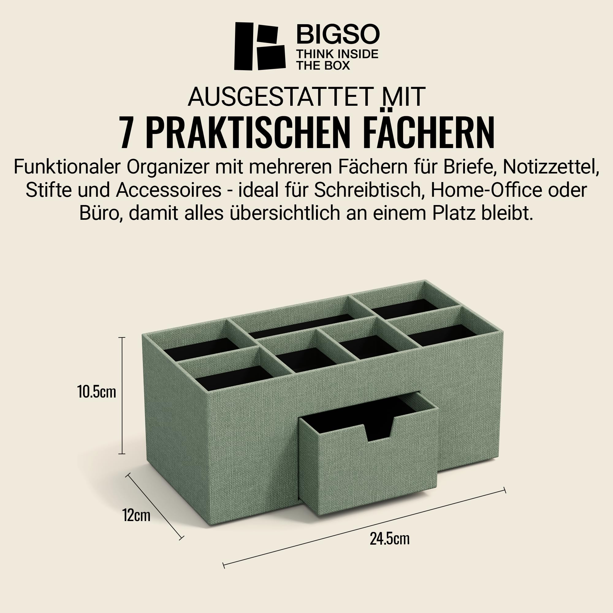 BIGSO VENDELA Schreibtisch Organizer mit 7 Fächern und Schublade – Ablagebox aus Faserplatte und Papier in Leinenoptik – Schreibtischset für Büromaterial – mintgrün