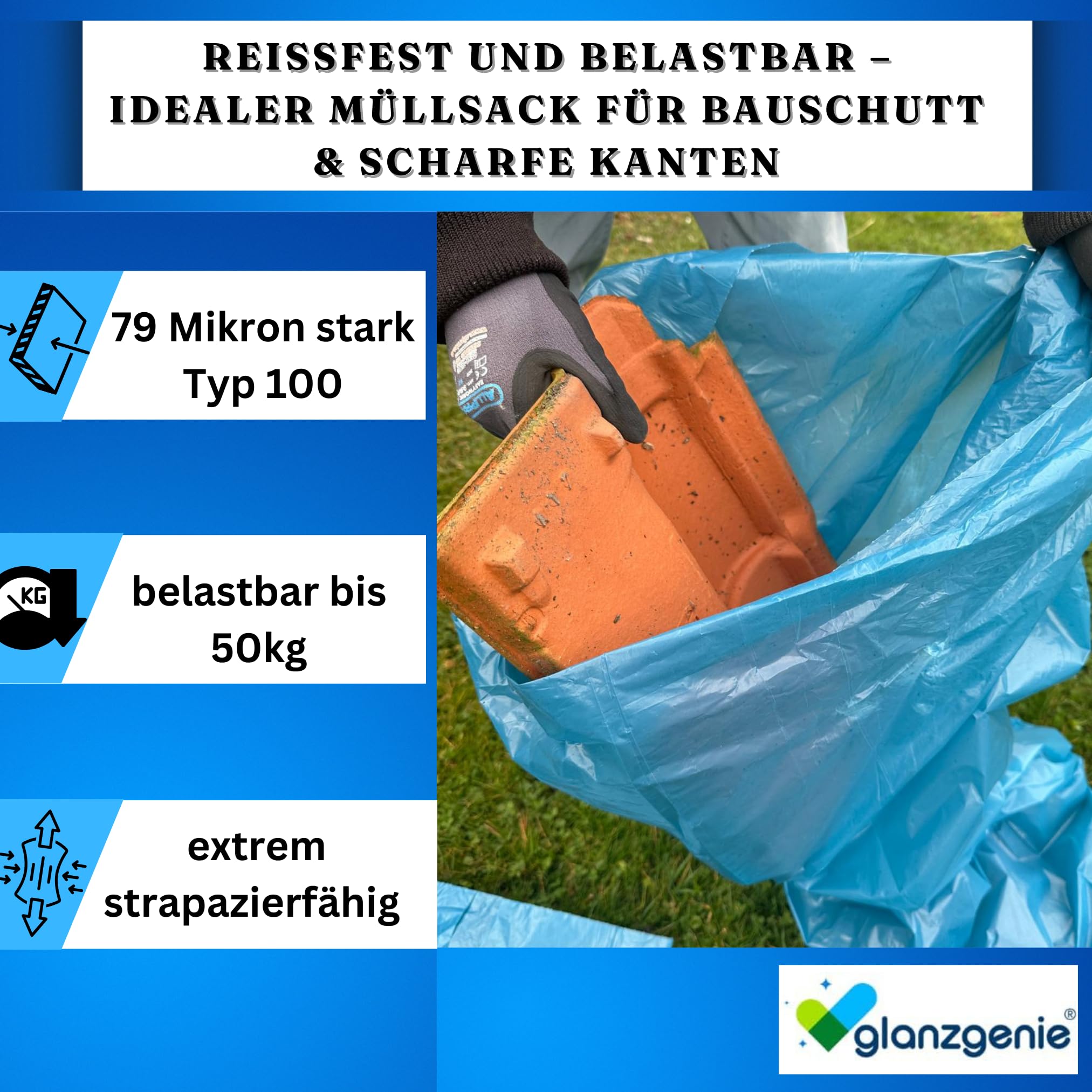 150 Stück reißfeste Müllsäcke 120 L, 79 μm | Typ 100 | extra stark & reißfest | 10 Rollen à 15 Stück| XXL Abfallbeutel - 700x1100mm | LPDE, blau | Müllentsorgung Haushalt, Garten, Gewerbe