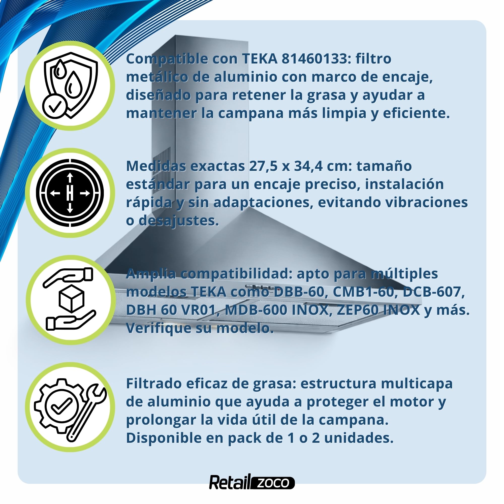 Filtro Campana Extractora compatible con Teka DBB60, Repuesto campana Teka, código original 81460133, Medidas 27.5 cm x 34.4 cm, Contiene 2 unidades de filtro