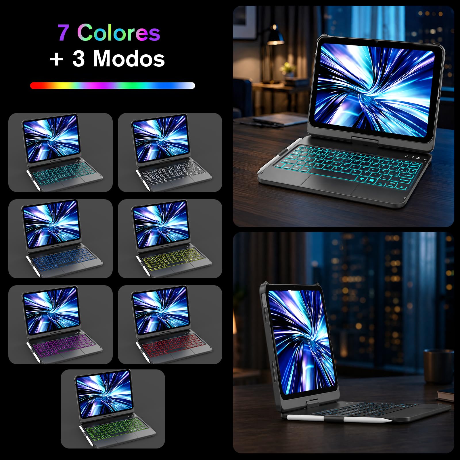 KBCASE Funda con Teclado para iPad Pro 11" (M5/M4, 2025/2024), Teclado Giratorio 360° con Panel Táctil, Iluminación Trasera de 7 Colores (Negro)