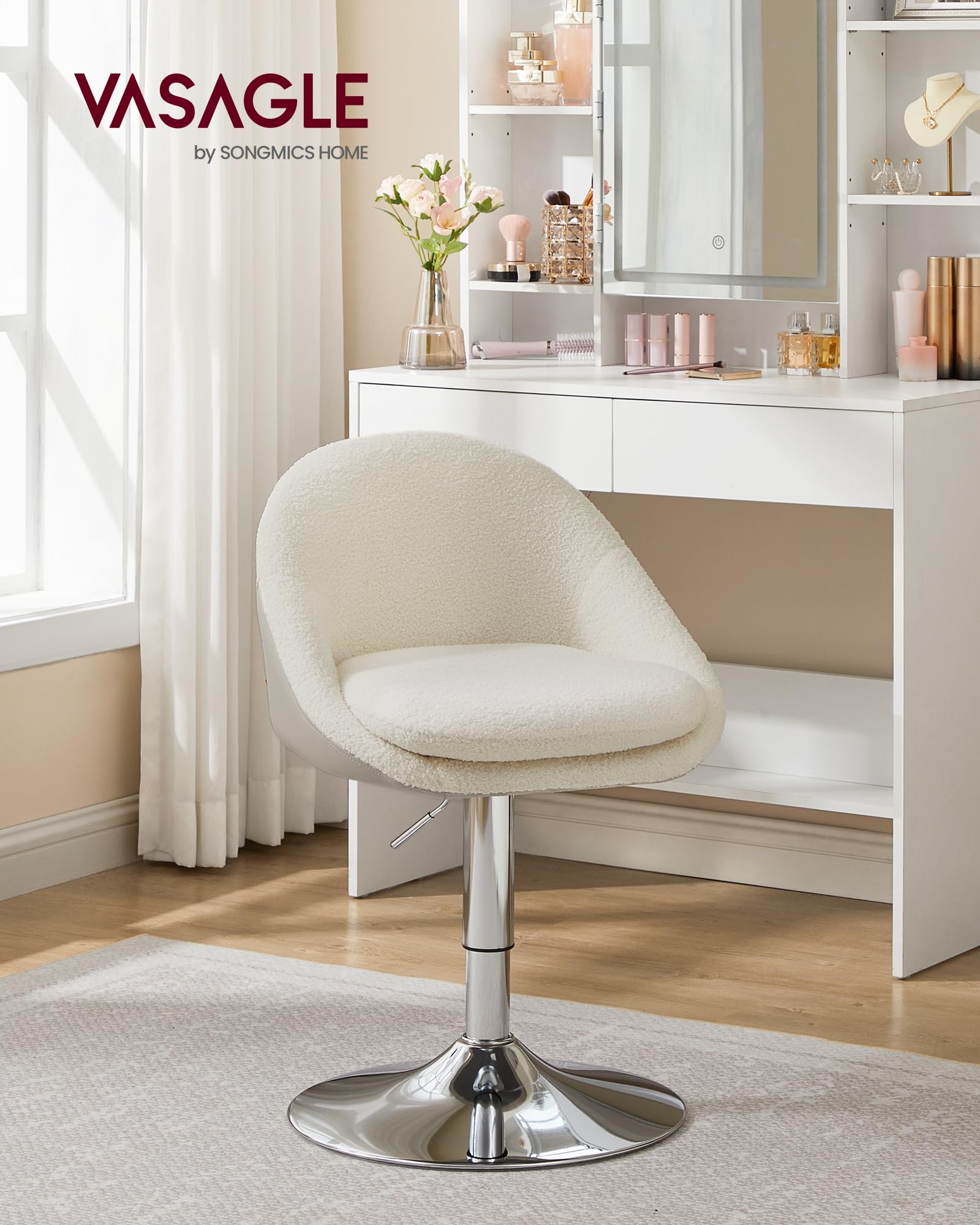 VASAGLE Chaise Réglable, Chaise de Coiffeuse, Fauteuil de Bureau Pivotant, Tabouret de Bar avec Dossier et Socle, en Acier, pour Bar, Bureau, Coiffeuse, Salle à Manger, Blanc Crème LJB100W01