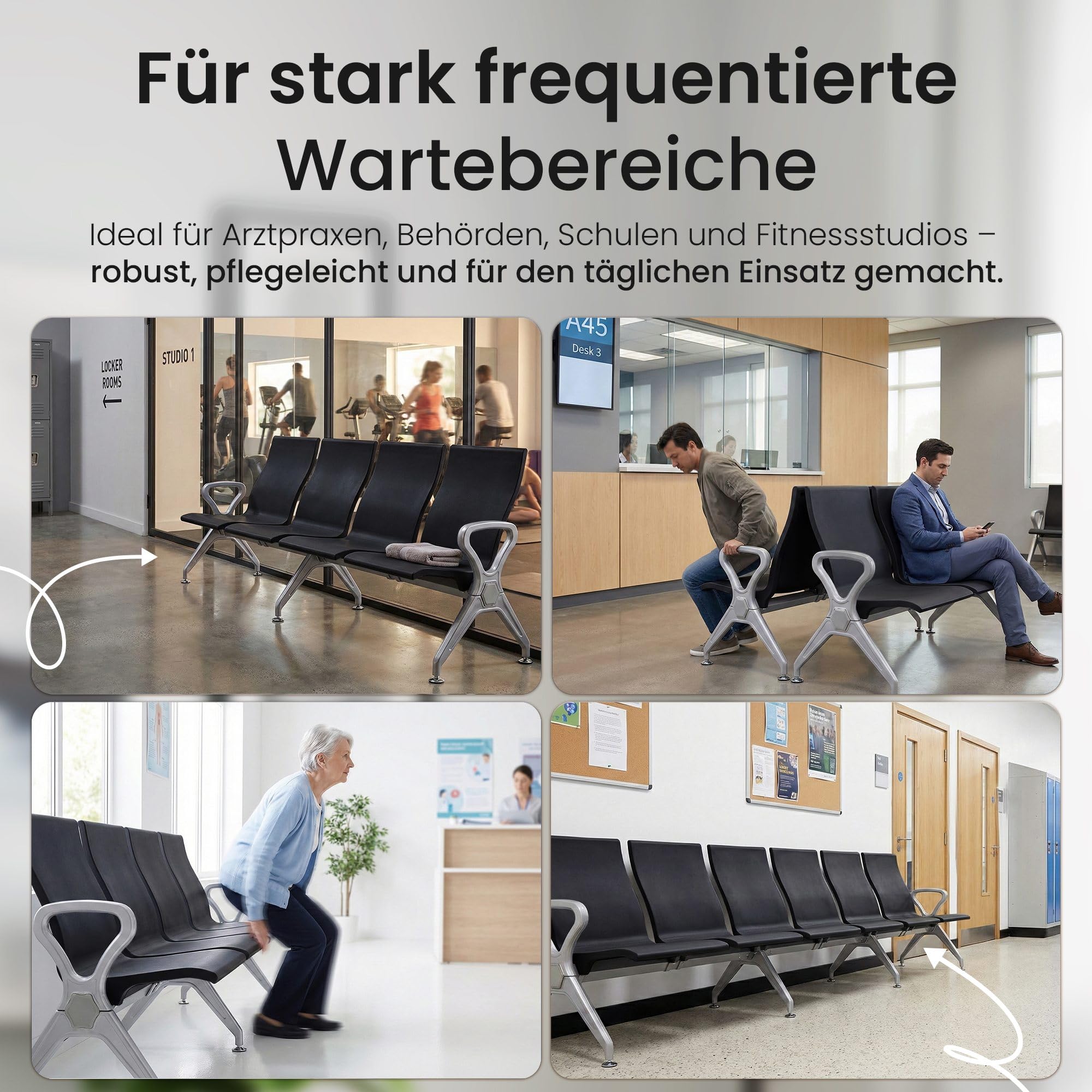 CLP Wartebank Airport-Stil Ermin, Sitzbank Flur mit Lehne, ergonomische Sitzschalen, Wartestühle mit robustem Alu-Gestell, bis 150 kg je Sitz Farbe schwarz Größe 4-Sitzer