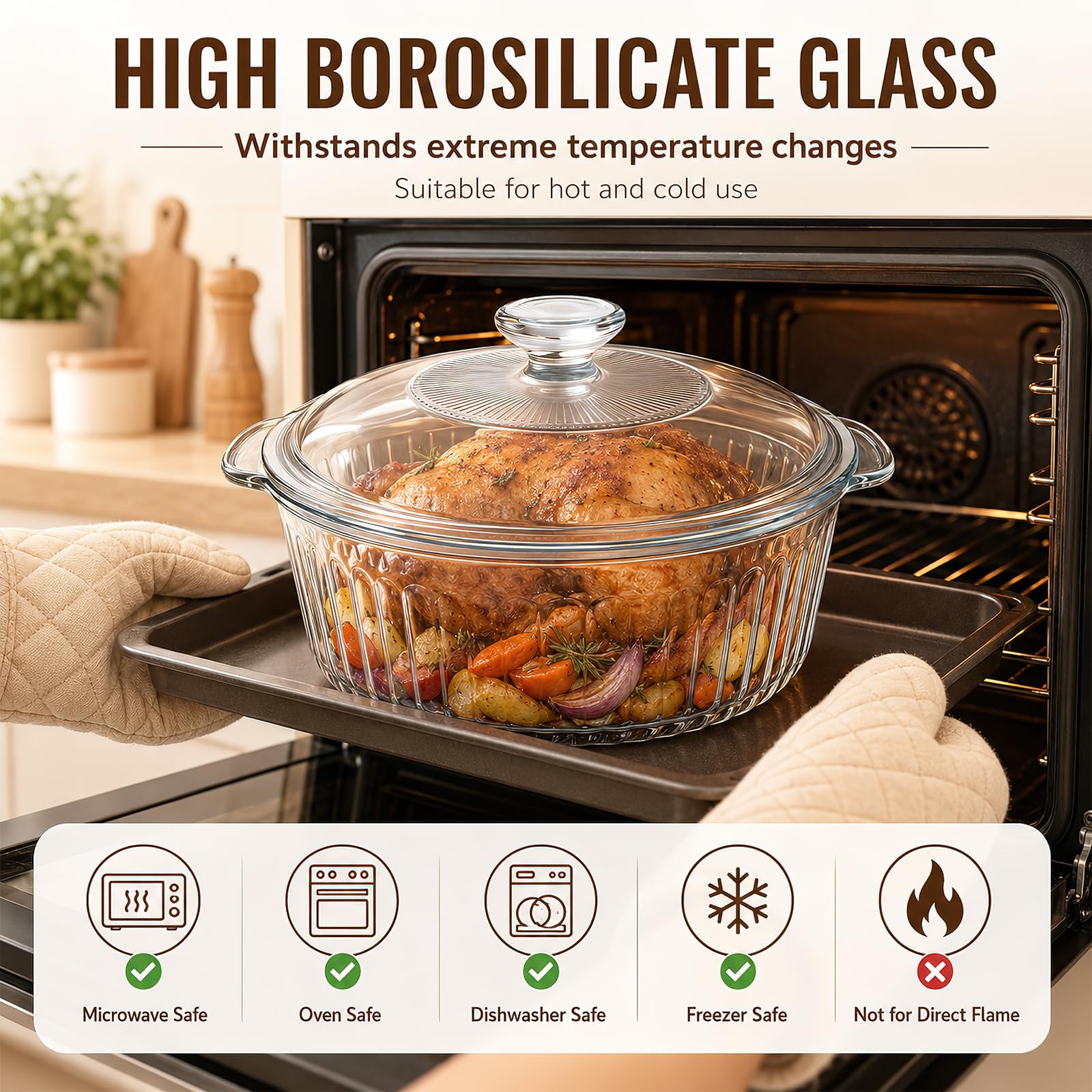 Casseruola in vetro da 2,5 l con coperchio, tonda, teglia trasparente con manici per cucinare, forno, forno a microonde