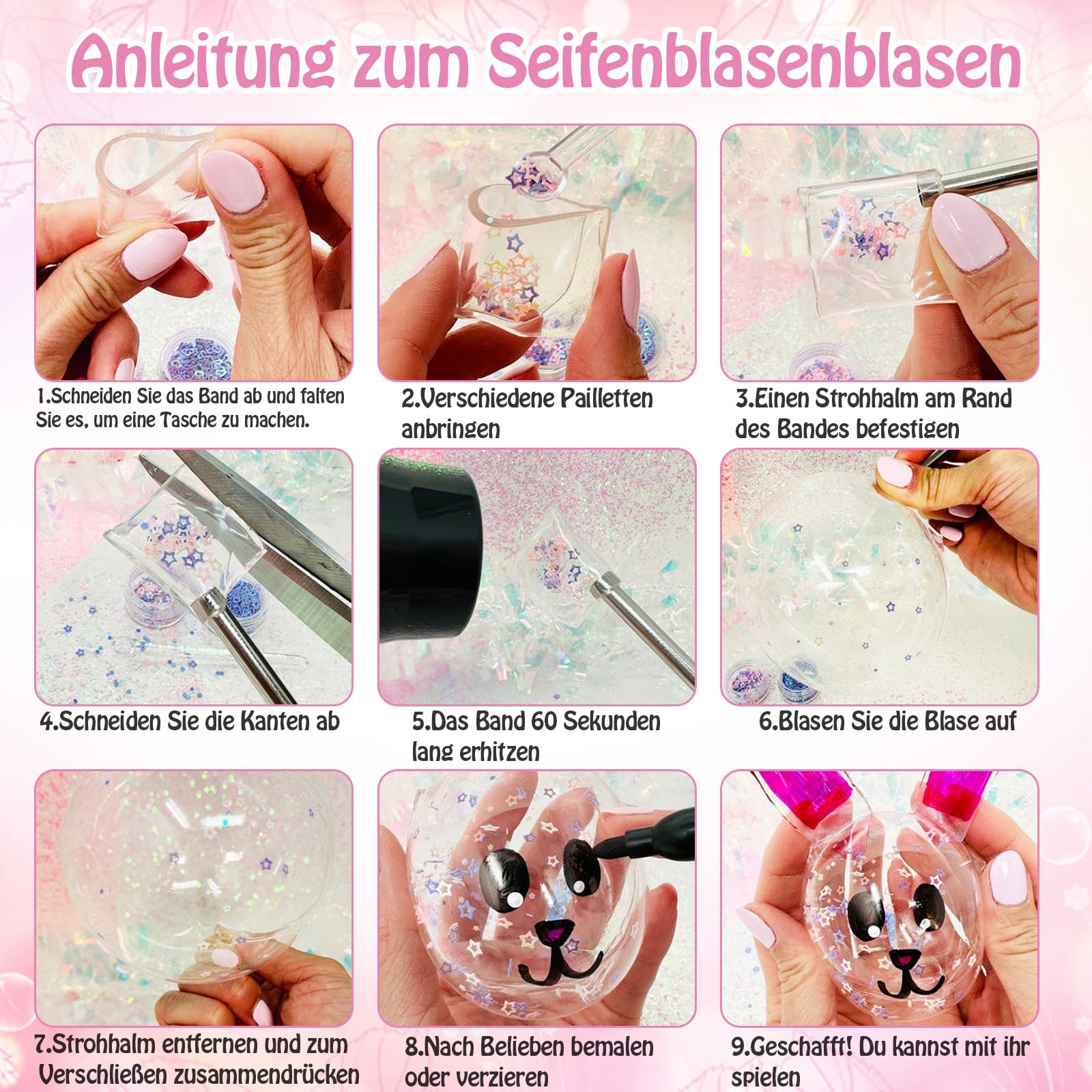 BORISCA 41 Pezzi Nano Tape Bubble Kit Bambini, Nastro Biadesivo Colorato Nano Tape Kit Completo, DIY Craft Kits Nano Bubbles Tape for Kids, Nastro Nano Tape Bolle per Fai Da Te Giocattoli(Rosa*2)