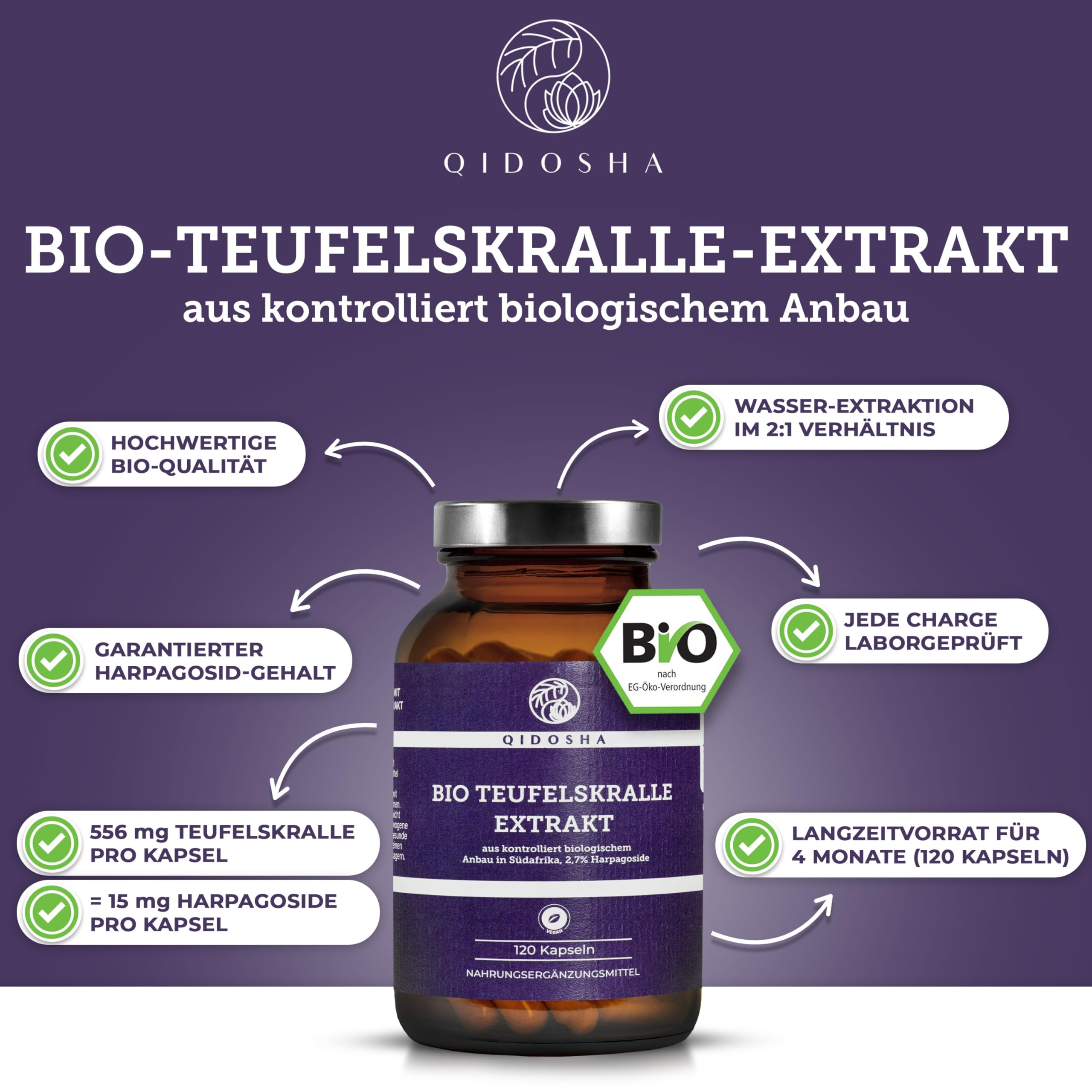 QIDOSHA® Bio Teufelskralle Extrakt Kapseln, 120 Kapseln im Apothekerglas, Rohmaterial in Bio-Qualität aus Südafrika, deutsche Fertigung, jede Charge laborgeprüft