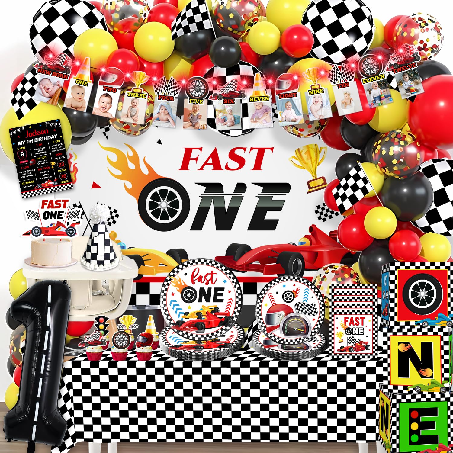 Cocomigo Fast One Birthday Decorations for Boys, 1st Birthday Party Supplies Banner Balloon Cake Decorations Plates and Napkins One-Year-Old Party