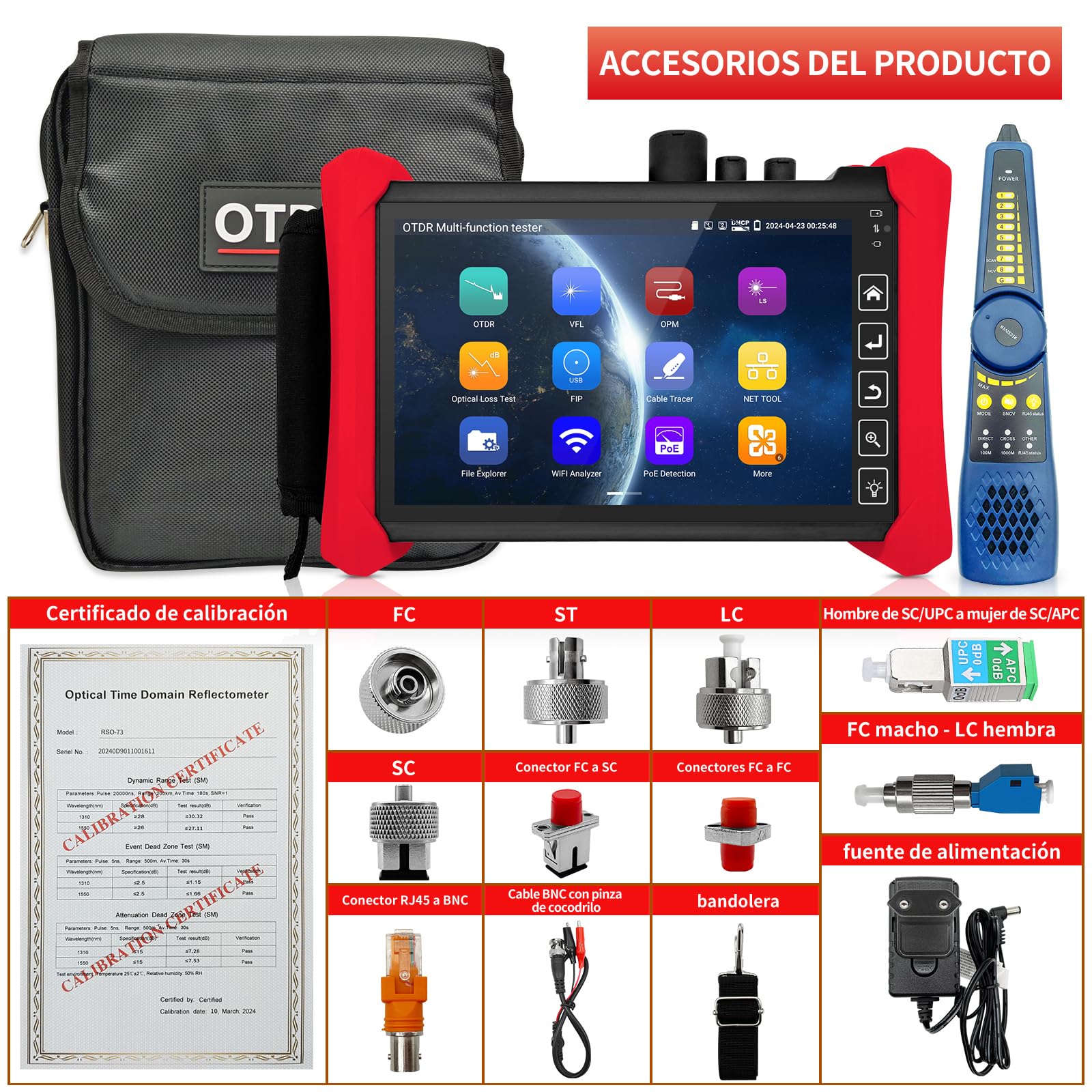 Henkion OTDR 1610nm 32dB Probador Fibra Óptica 1310/1490/1550/1577nm Test Fibra en Vivo/Auto/Experto Mapa Eventos LS OPM OLS Probador Cable Herramientas Red Pantalla Táctil IPS 7" Resolución 1280x800
