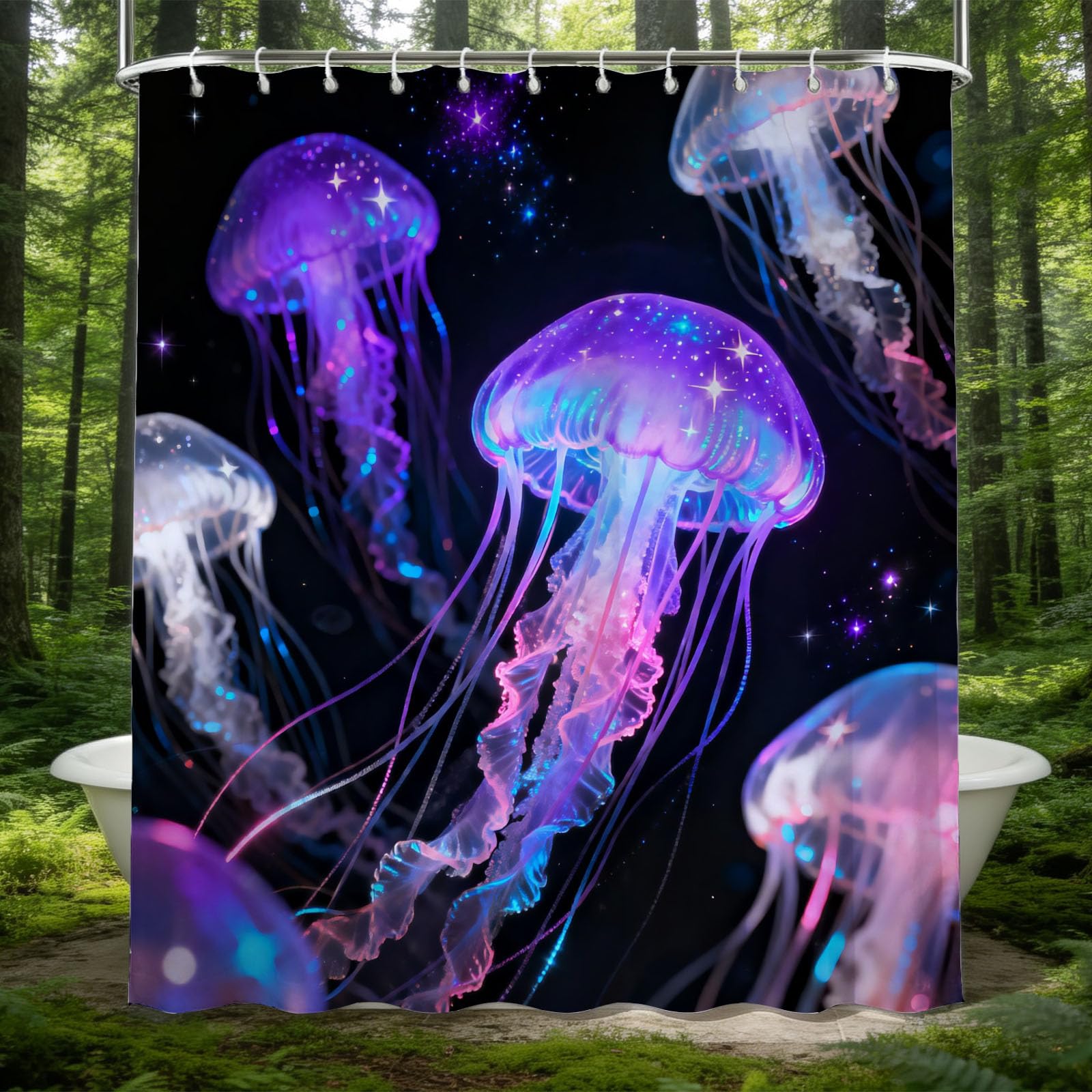 Hongduo 3D Glowing Jellyfish Shower Curtain for Stalls Bathtubs Marine Life Bathroom Decor Shower Curtain Set Polyester Fabric Waterproof 180x200cm/71X79 Inch with Hooks