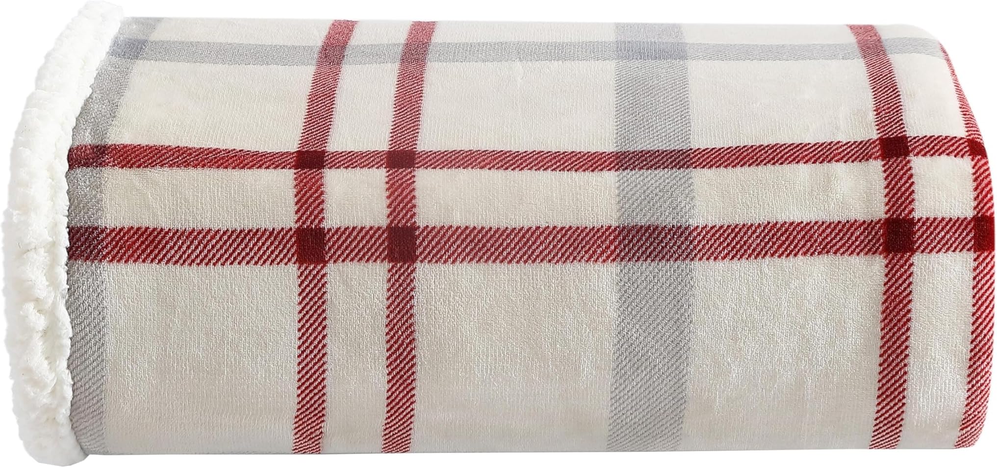 Eddie Bauer Reversible Sherpa Fleece Bedding, Home Decor for All Seasons, Polyester, New Castle Red/Grey/Ivory, Throw