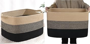 Large Blanket Basket, Rectangle Storage Baskets for Organizing, Woven Laundry Basket for Blankets, Brown&Black