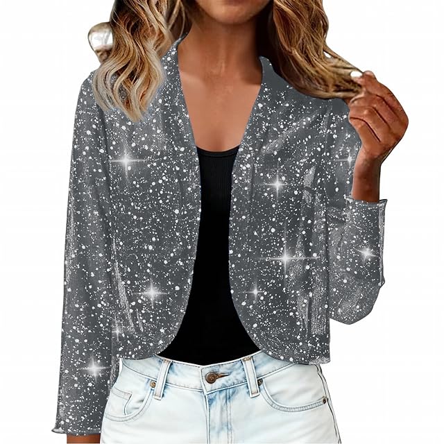 Womens Sequin Cardigan Dressy Long Sleeve Sparkly Open Front Cropped Coats Shrug Evening Party Cocktail Jacket