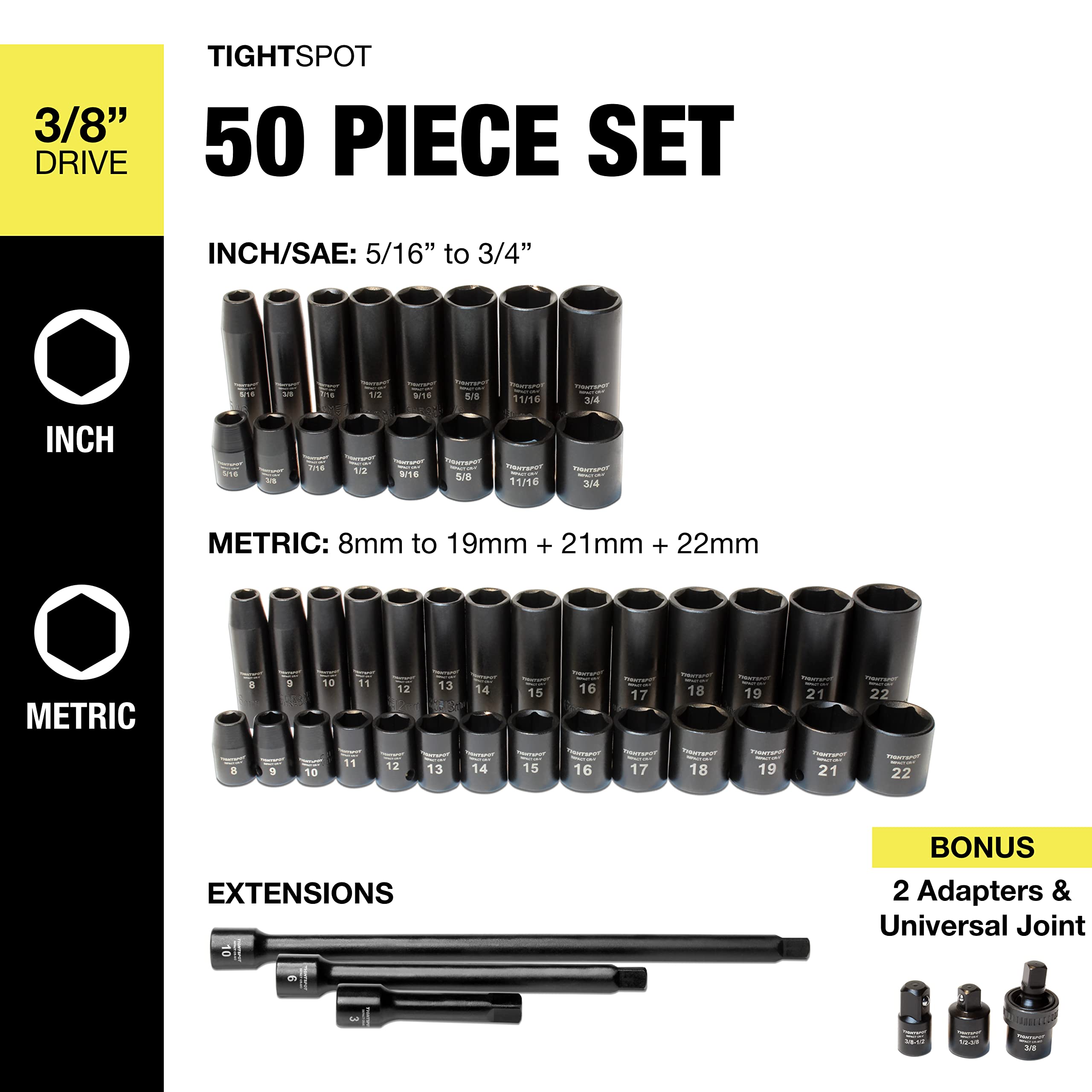 TIGHTSPOT Zestaw nasadek udarowych PRO, nasz najpopularniejszy zestaw nasadek udarowych z SAE i metrycznymi od 5/16 cala - 3/4 cala, 8-19 mm + 21 mm + 22 mm, standardowe/głębokie gniazda,