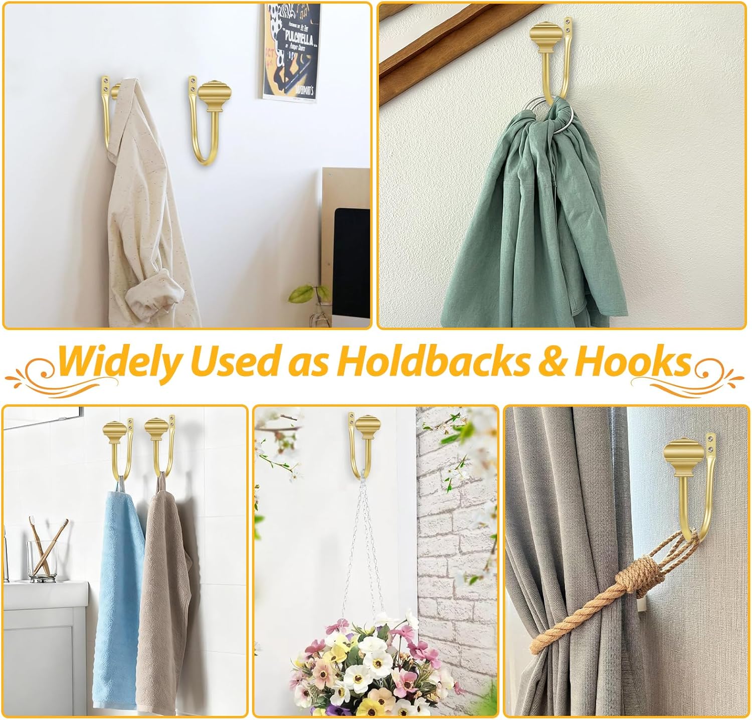 Gold Wrap Around Double Curtain Rods 32 to 115 and 2 Pack Gold Curtain Holdbacks with Square Finials(Bundles)