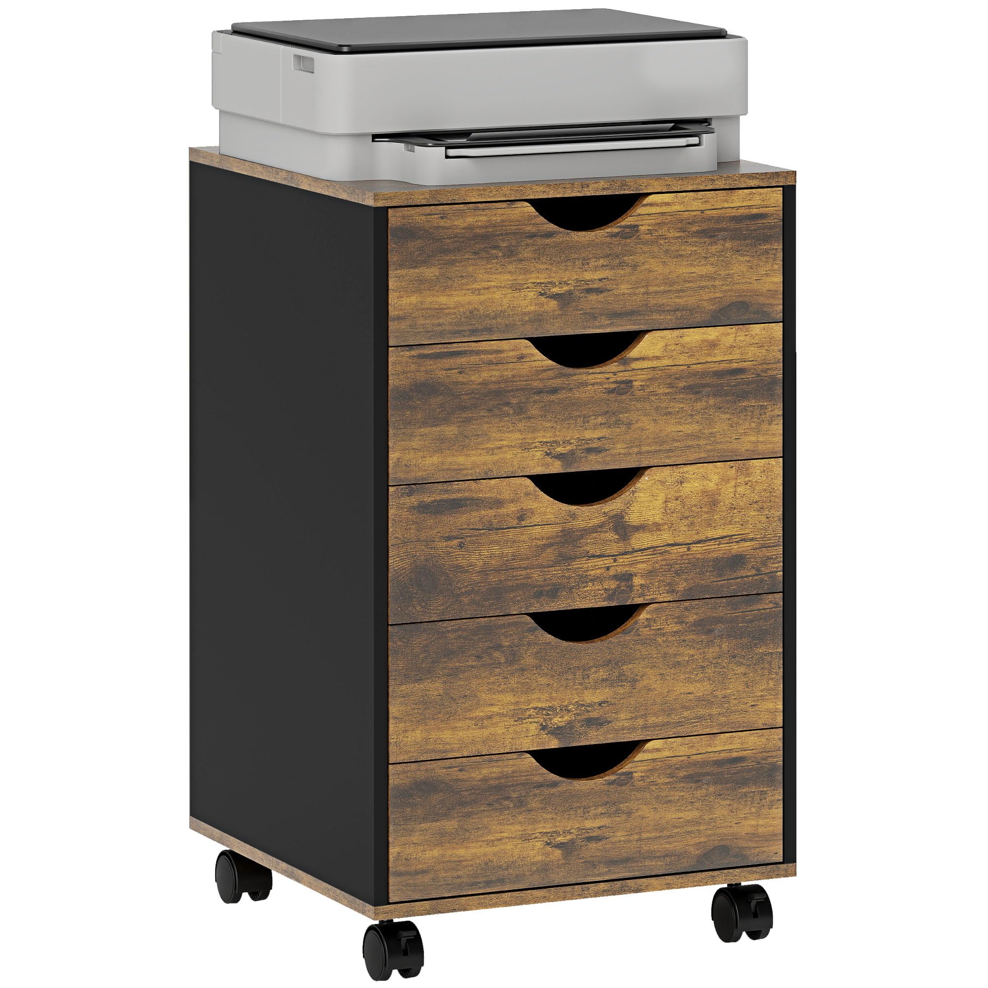 HOMCOM Rolling Filing Cabinet, Vertical File Cabinet with Wheels and 2 Brakes, Printer Stand with 5 Drawers for Study, Home Office, Rustic Brown