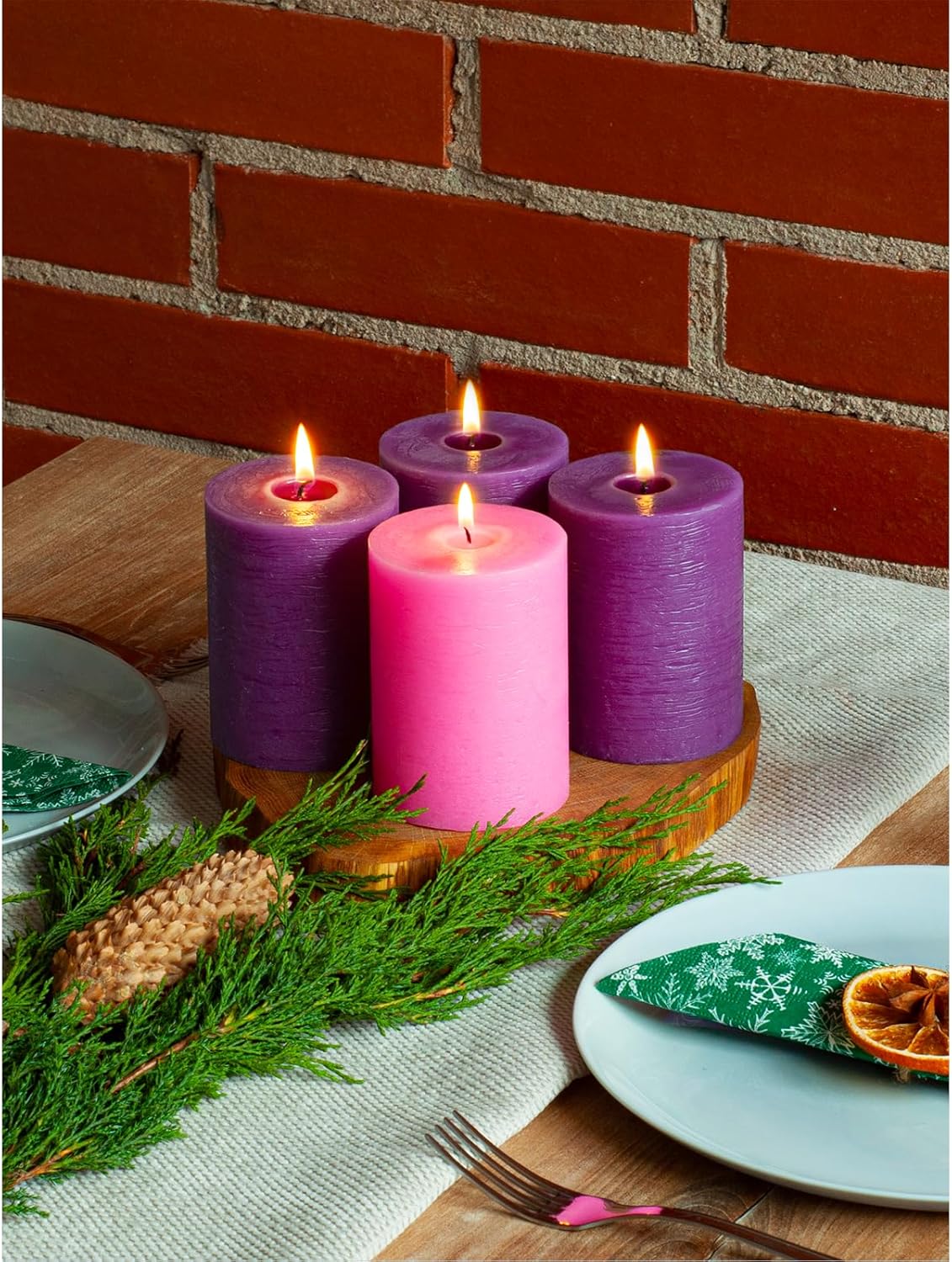 CANDWAX 3x4 Inch Advent Pillar Candles Set of 4 - Long Burning Dripless Unscented Pillar Candles - Rustic Style for Advent Wreaths, Christmas Décor - 3 Purple and 1 Pink Pillars