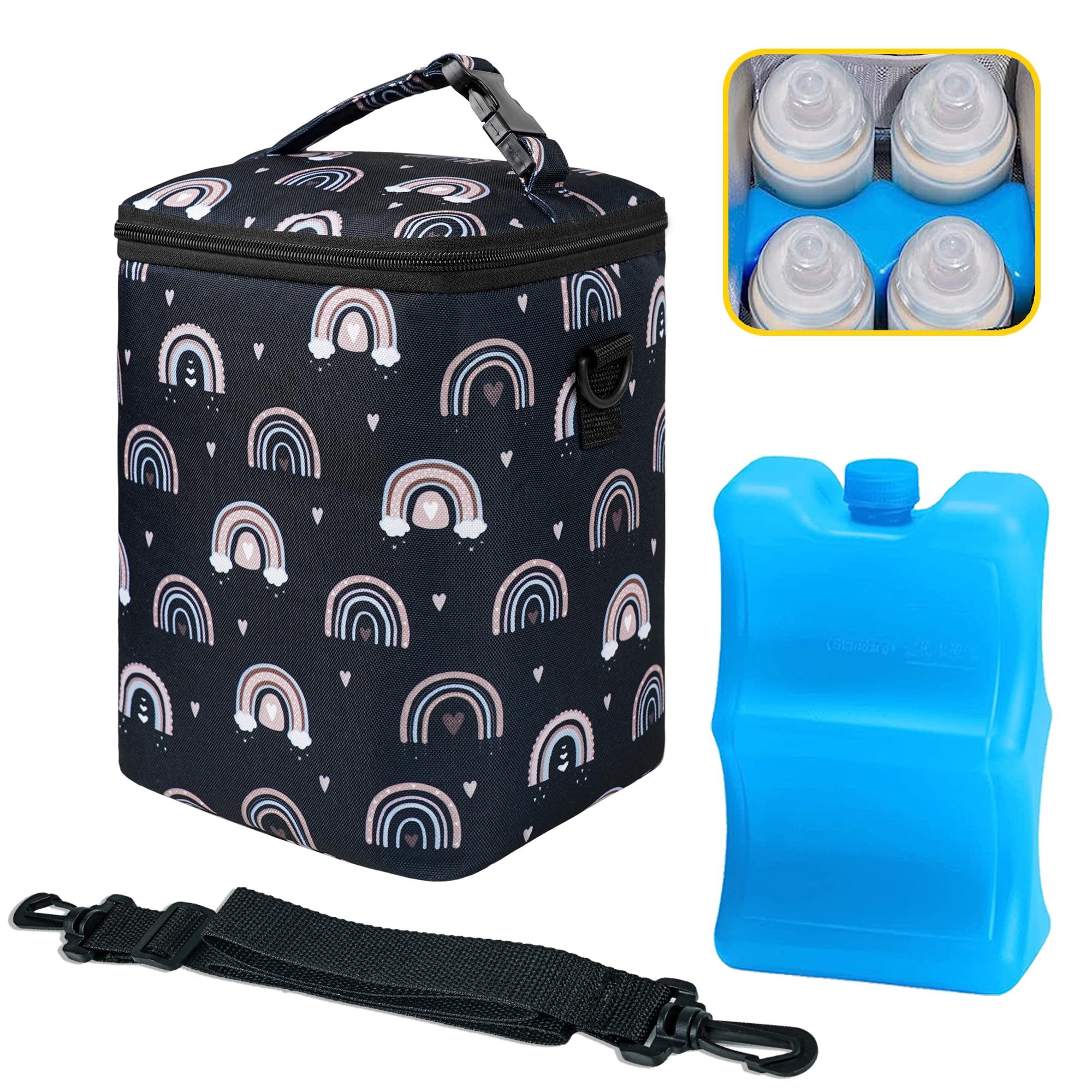 Breastmilk Cooler Bag with Ice Pack Fits 4 Baby Bottles Up To 9 Ounce Insulated Baby Bottle Bag Breast Milk Cooler on the Go with Strap Cooler Bag for