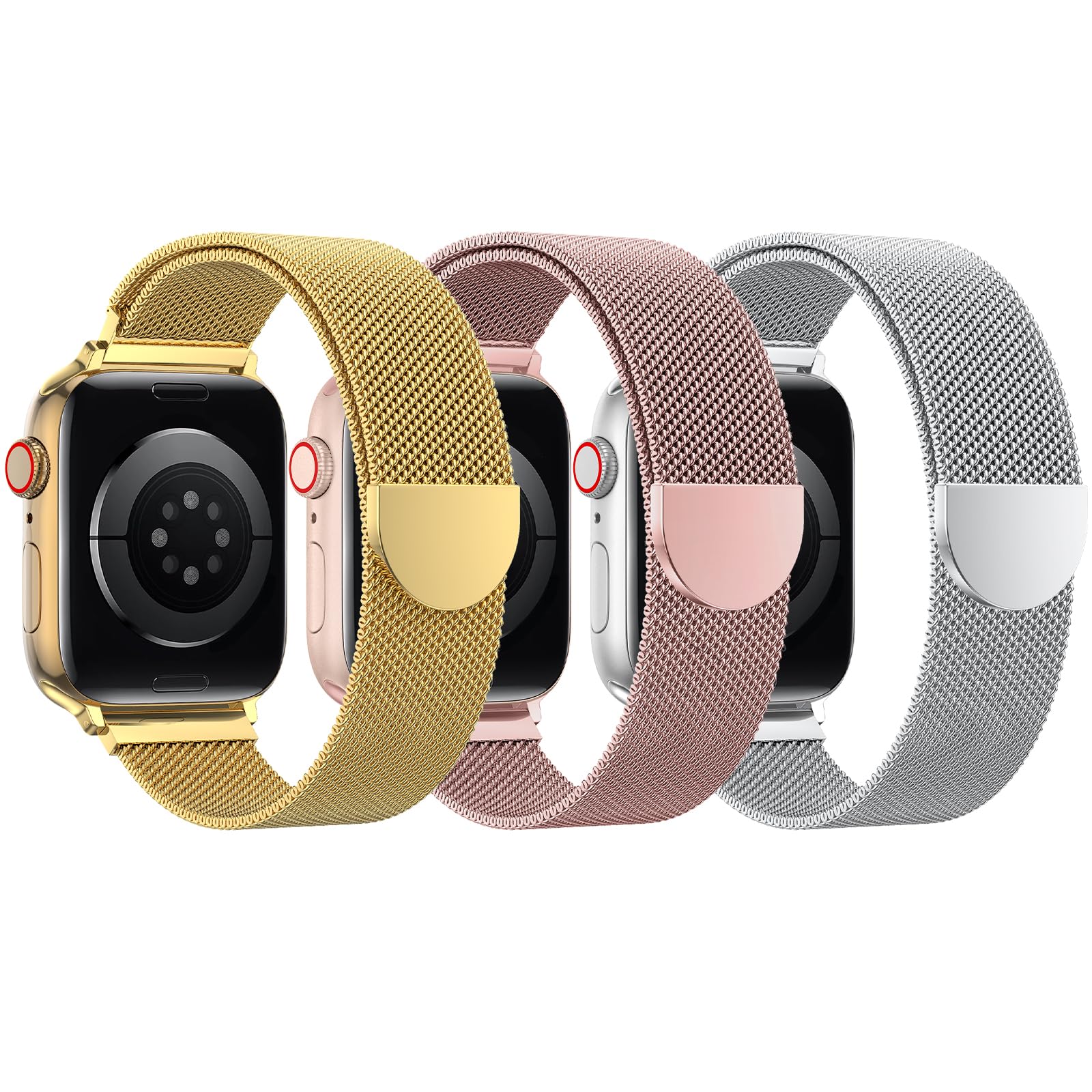 BELONGME 3 Pack Mesh Loop Compatible with Apple Watch Bands for Women Men 40mm 41mm 38mm 42mm 44mm 45mm 49mm 46mm Series 11 10 9 8 7 6 5 4 Ultra3 SE3 2, Stainless Steel Metal Magnetic Strap for iWatch