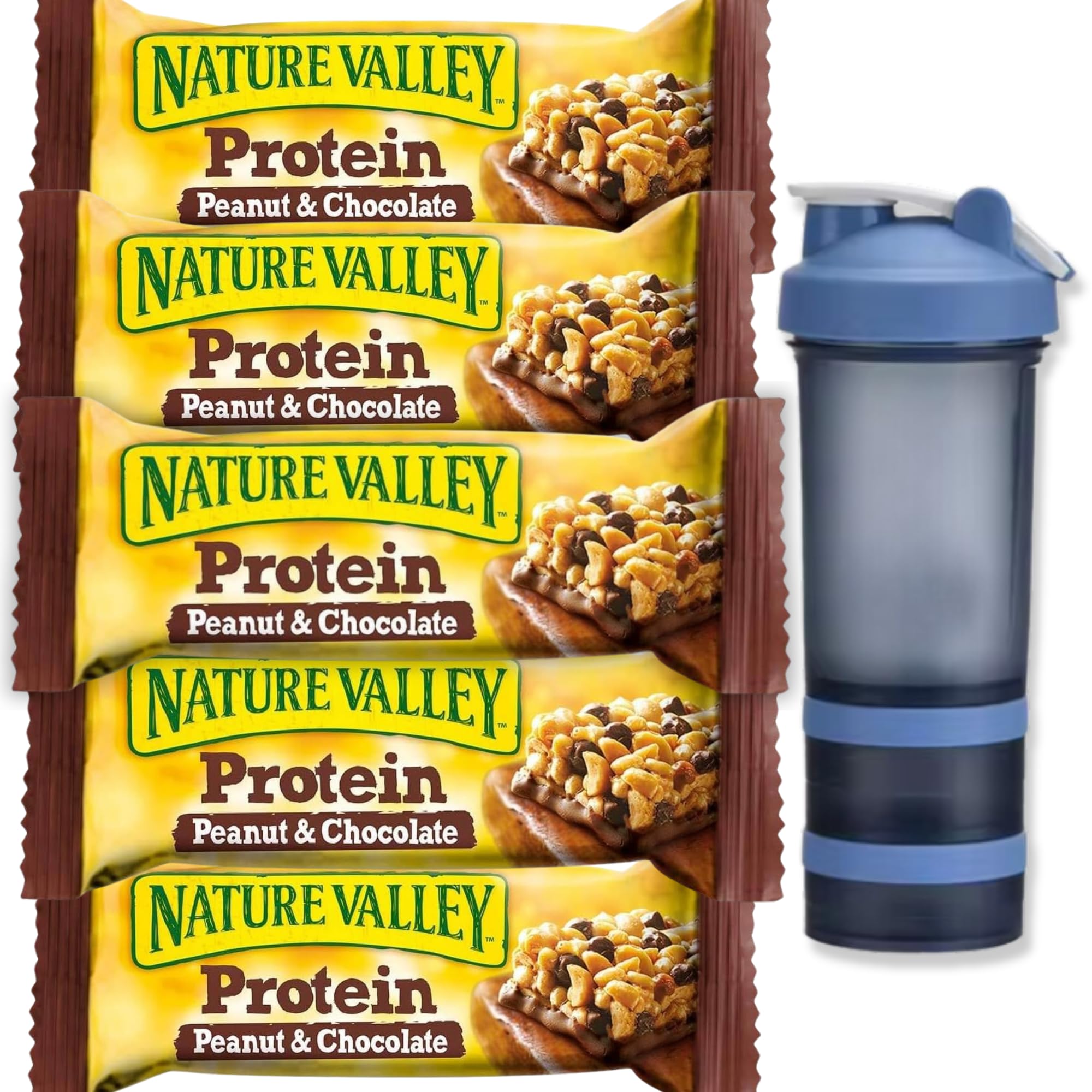 Nature Valley Protein Bars Peanut & Chocolate 5x40g + 450ml 3-Layer Shaker Bottle | Gluten-Free, High Protein, Low Carb Snack for Gym, Fitness & On-the-Go