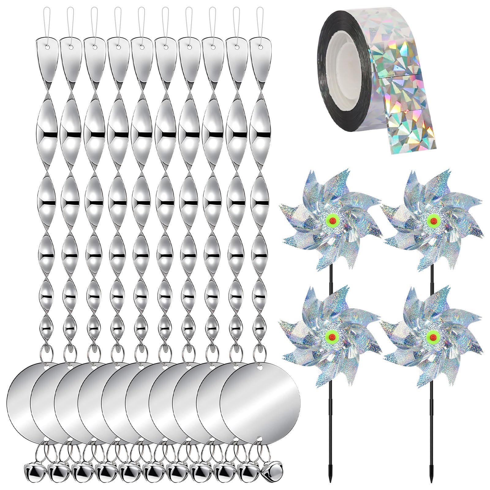 15 Stück Reflektierende Vogelschreck Set 10 Stück Vogelabwehr Windspirale, 4 Stück Windräder Vogelabwehr mit Vogelband 2.4CM x80M Reflektierende Windspirale Vogelschreck Set