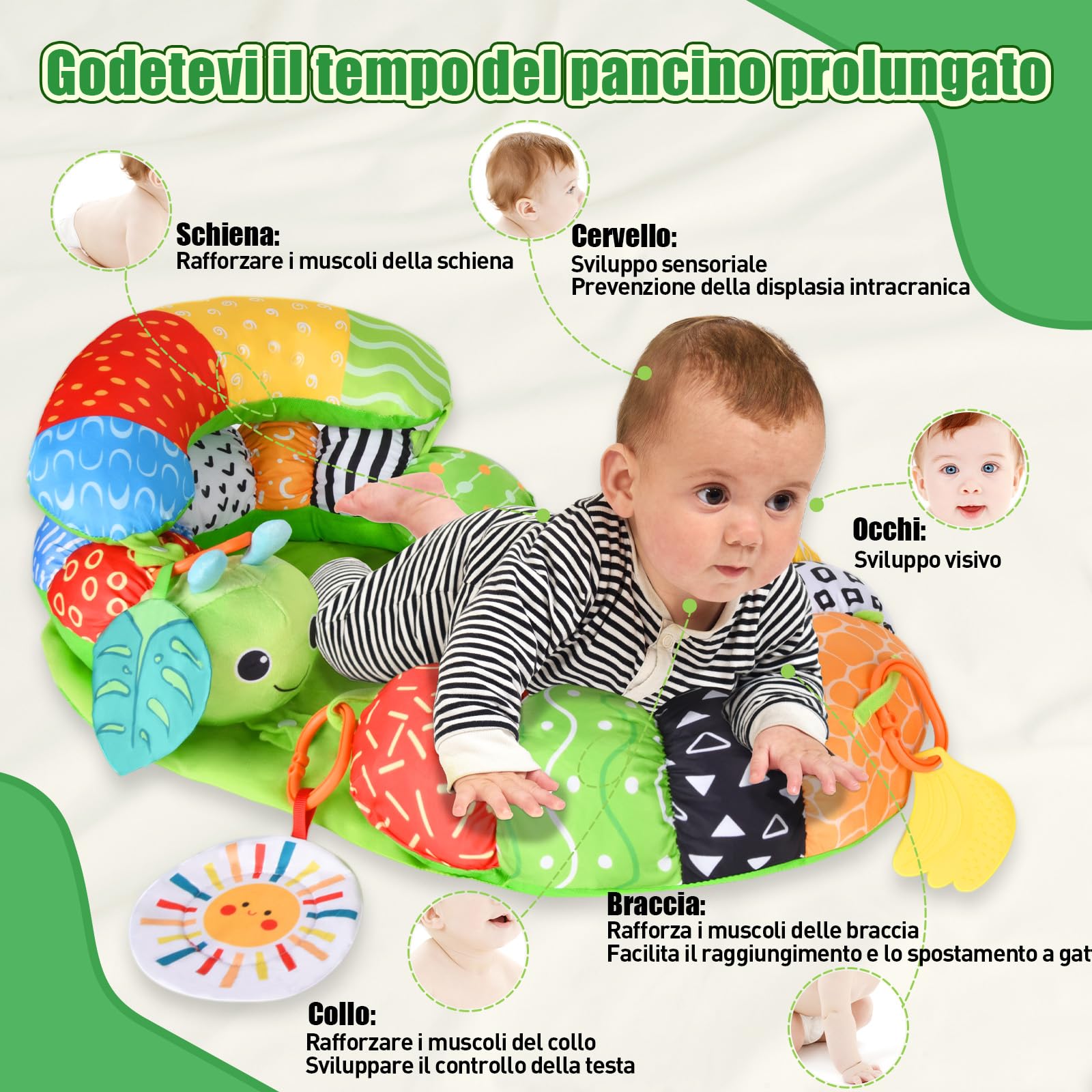 Charmofun Tappeto Gioco Neonato, 4 in 1 Tummy Time Neonato 0-3 Mesi, Caterpillar Cuscino Tummy Time con Specchio e Sonaglino per Supporto Seduto