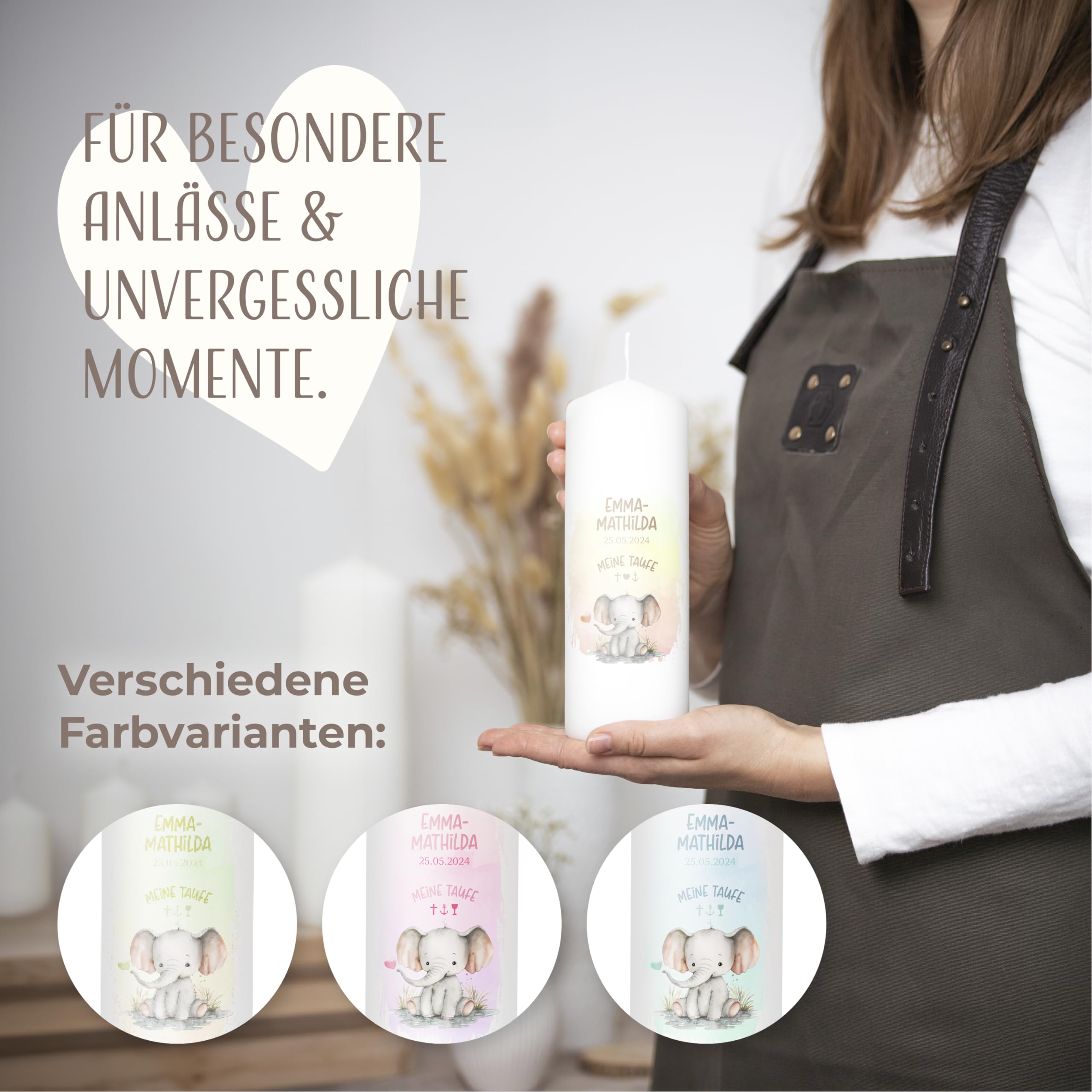 AMARI® Personalisierte Taufkerze Elefant Herz - Mädchen/Junge - 20cm/7cm - Gestalten Sie Ihre eigene Taufkerze mit Namen