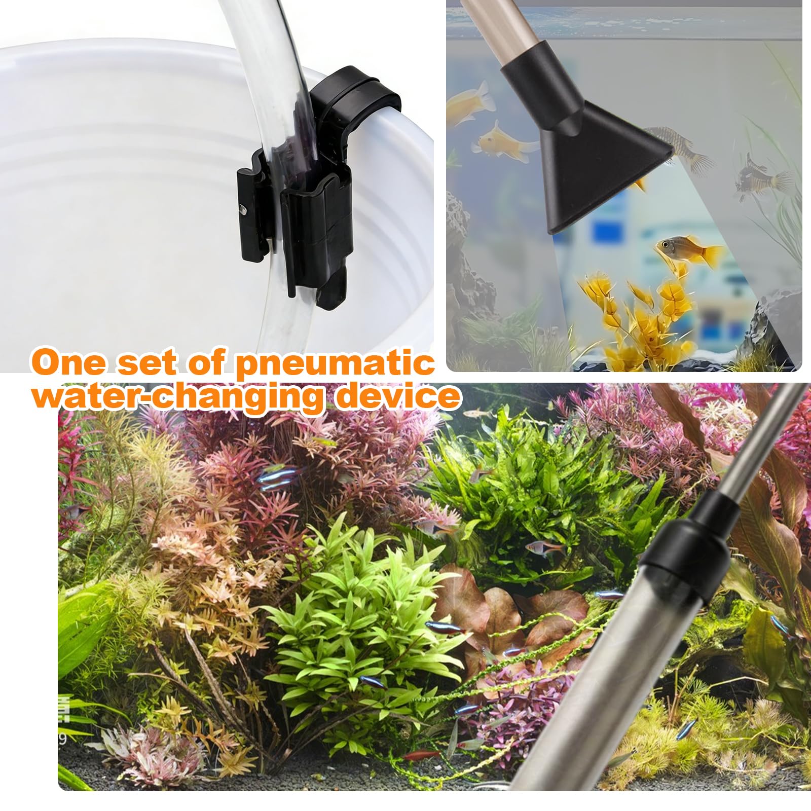 Mulmsauger Aquarium, 3 in 1 Aquarium Sauger mit 2 m Schlauch Wasserwechsler Starke Saugkraft für einfache Reinigung von Kies Bodenschlamm und Fischwasserglas