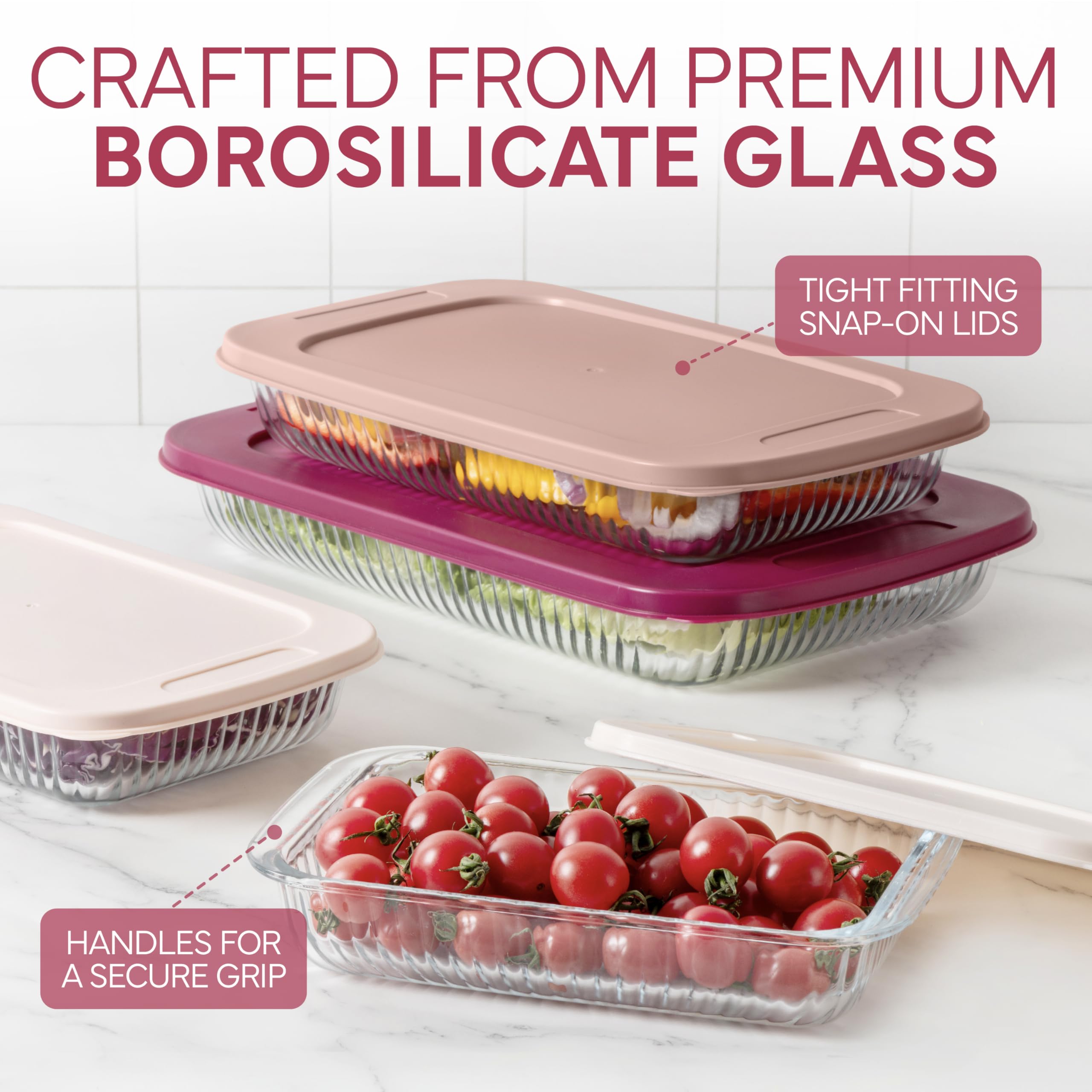 COOK WITH COLOR Glas-Backformen-Set mit Deckel, tiefe Auflaufform, Lebensmittelbehälter, ofen-, gefrier- und mikrowellengeeignet, transparenter Behälter, Rosa, 8-teilig