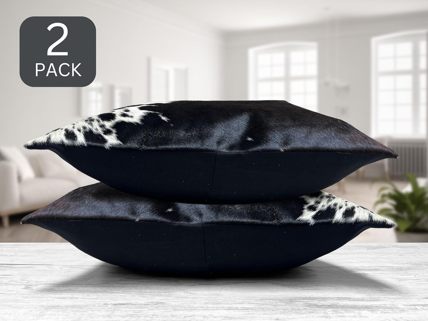 Pack of 2 Set Black Real Cowhide Genuine Leather Cushion Covers Throw Pillow for Farmhouse Decorations Chair Sofa Living Room Bedroom Decor Hair On Leather Fur 45 Cm 18 Inch Style-1071